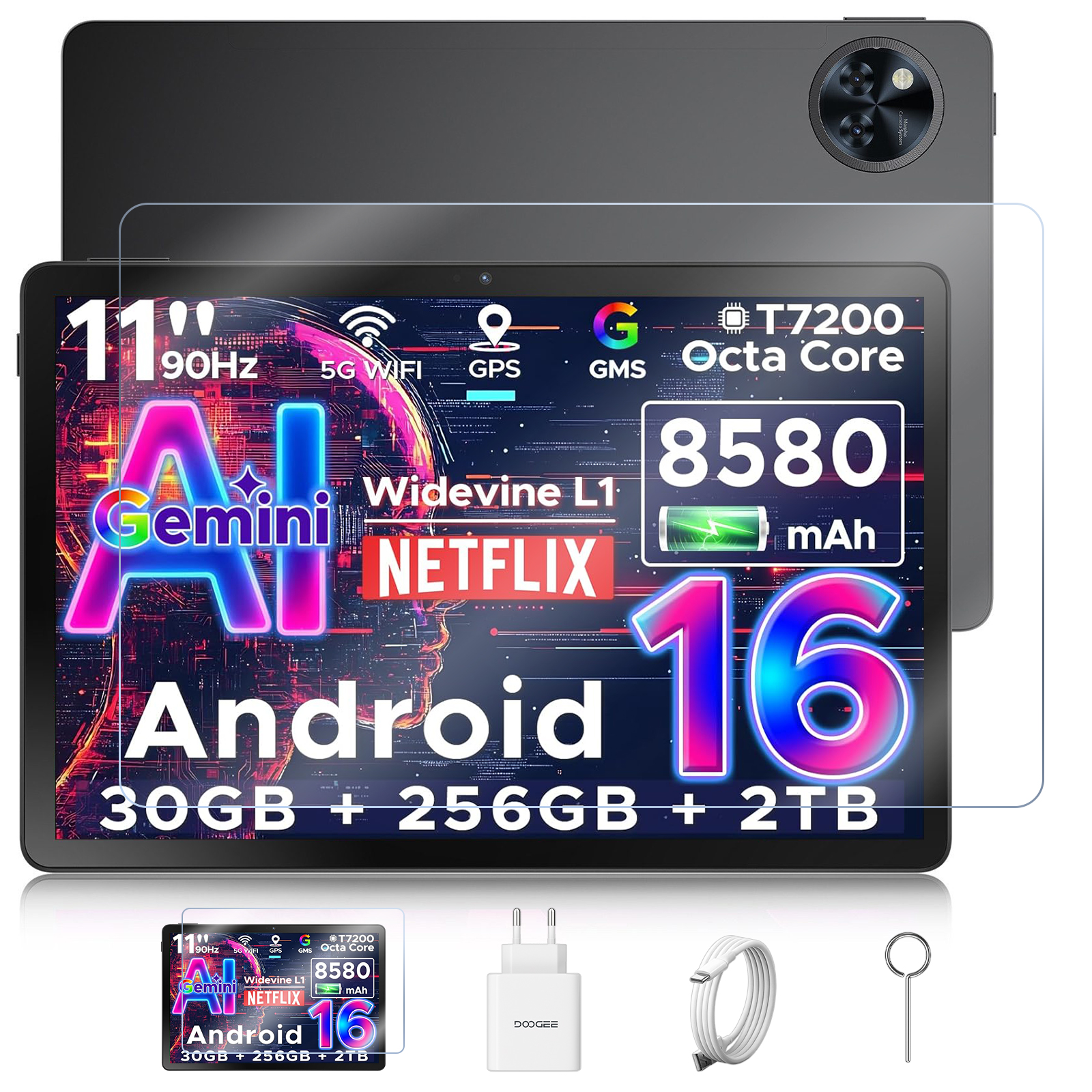 Ein Tablet mit 11-Zoll-Bildschirm, mit Spezifikationen wie 30 GB RAM, 256 GB Speicher und 2 TB. Zubehör umfasst ein Ladegerät, Kabel und ein SIM-Tool.