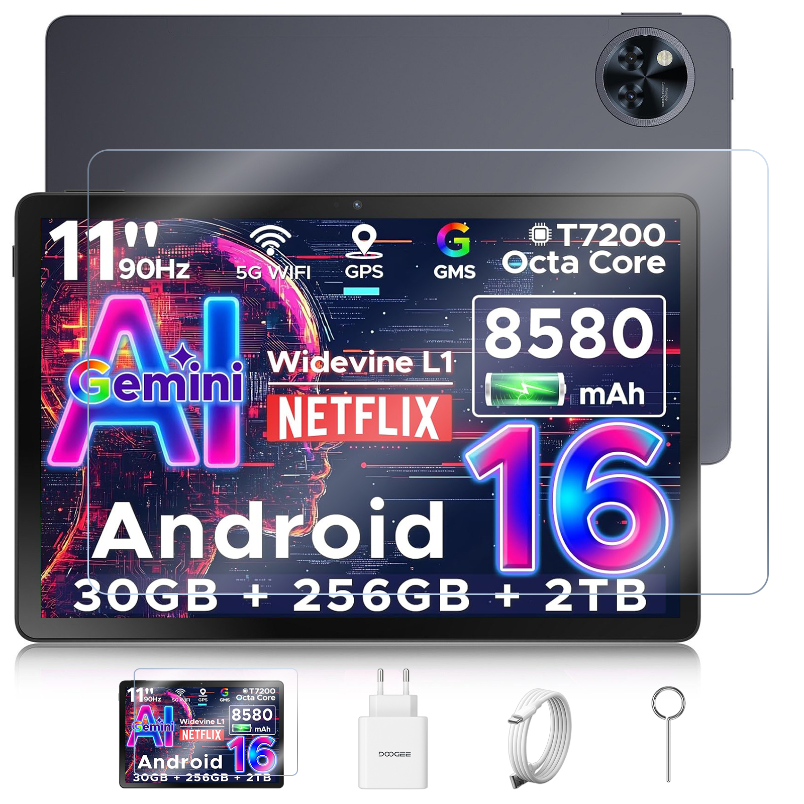Tablet mit Displayschutzfolie, Funktionen wie WLAN, GPS, Netflix, Android und Spezifikationen werden angezeigt.