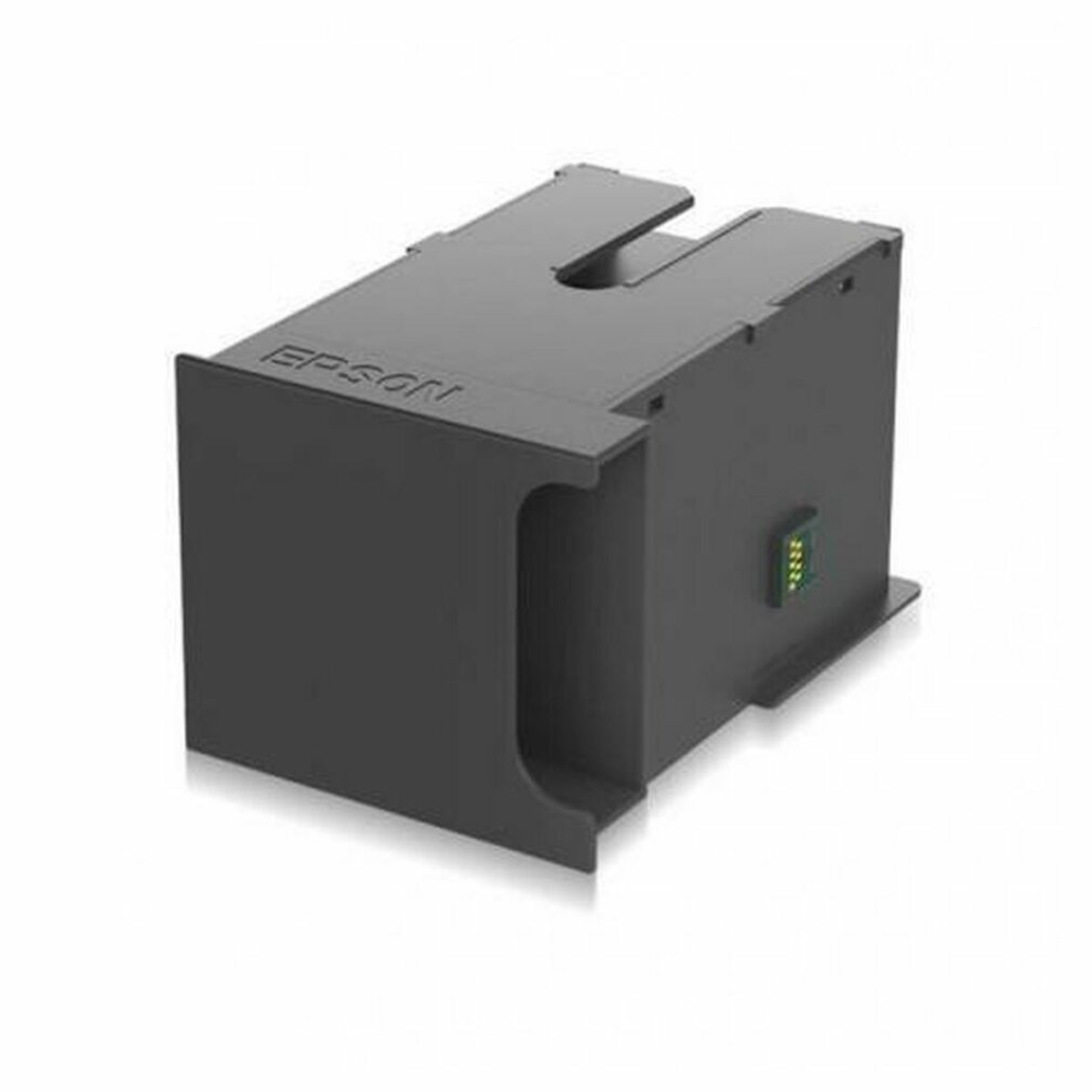 Dunkelgraue Epson-Druckerkomponente. Sie hat eine rechteckige Form mit einem Schlitz oben und einer gebogenen Öffnung an der Seite.
