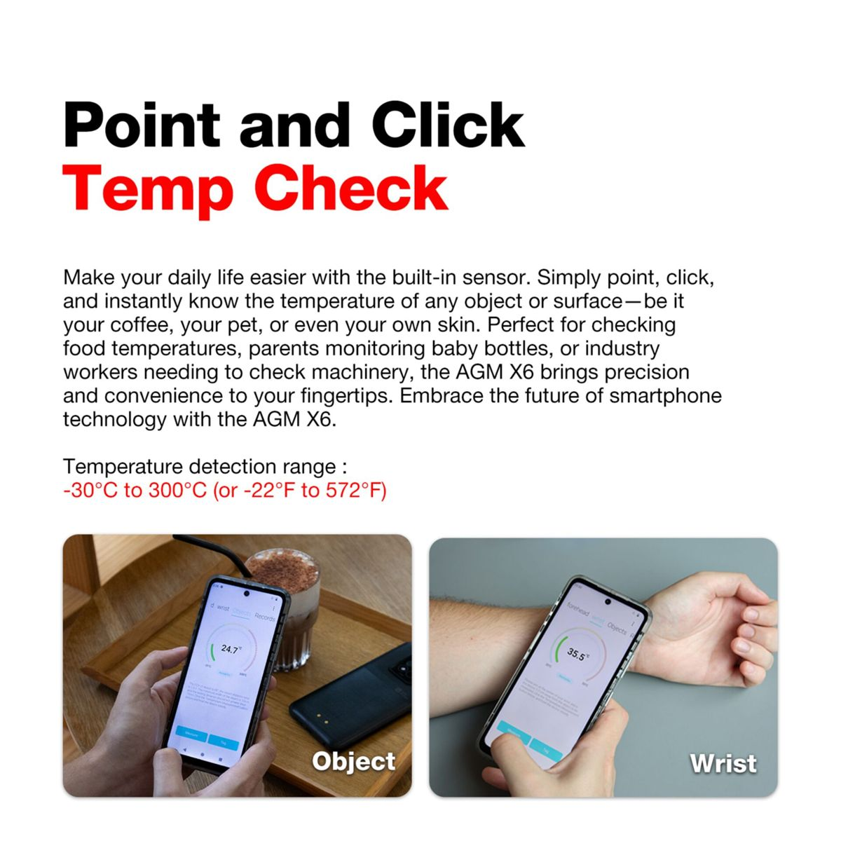 Una pubblicità mostra un telefono che misura la temperatura di oggetti e un polso. Il testo recita 'Point and Click Temp Check'.
