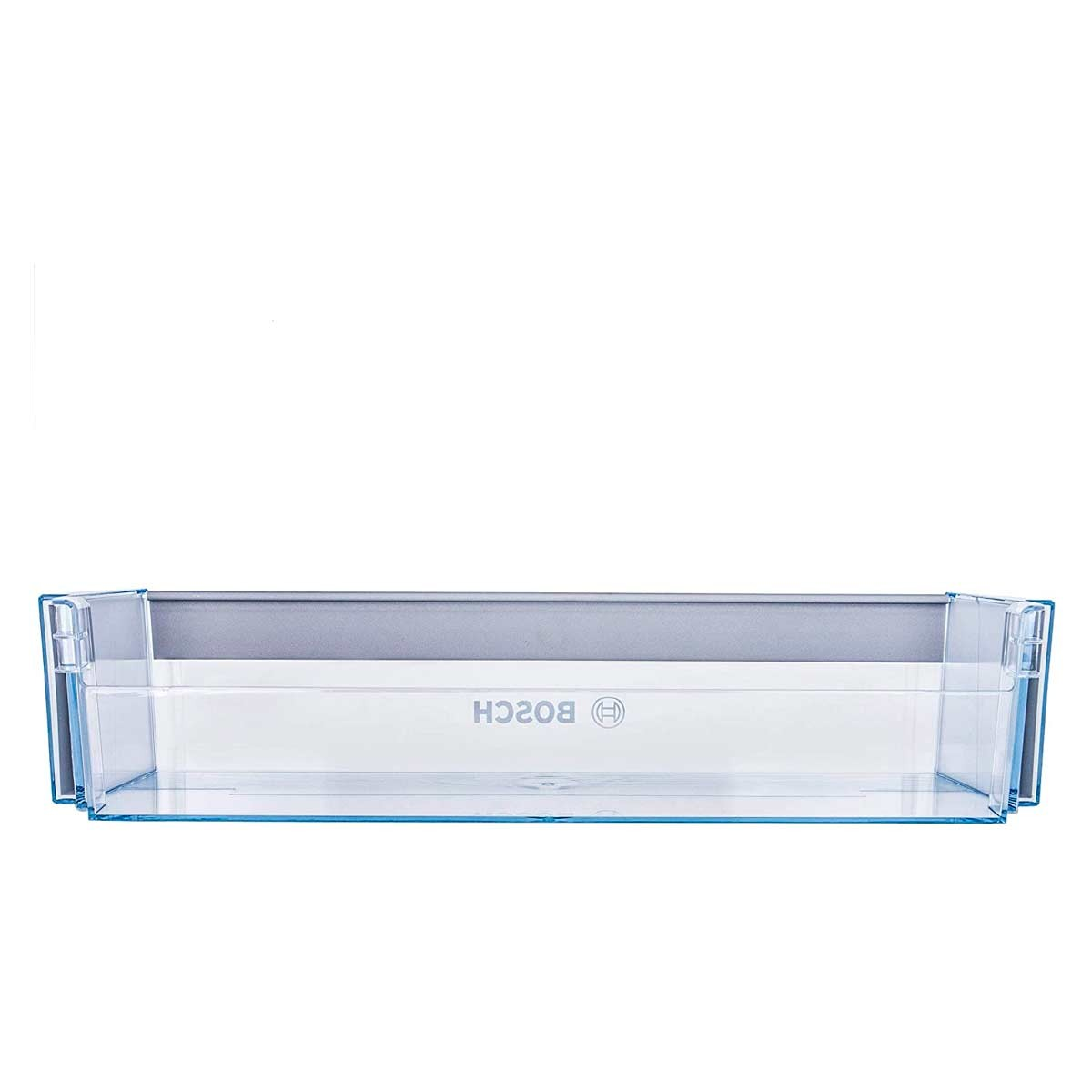 Un cajón transparente de nevera con ribete azul y el logo Bosch. El cajón está vacío, sobre un fondo blanco.