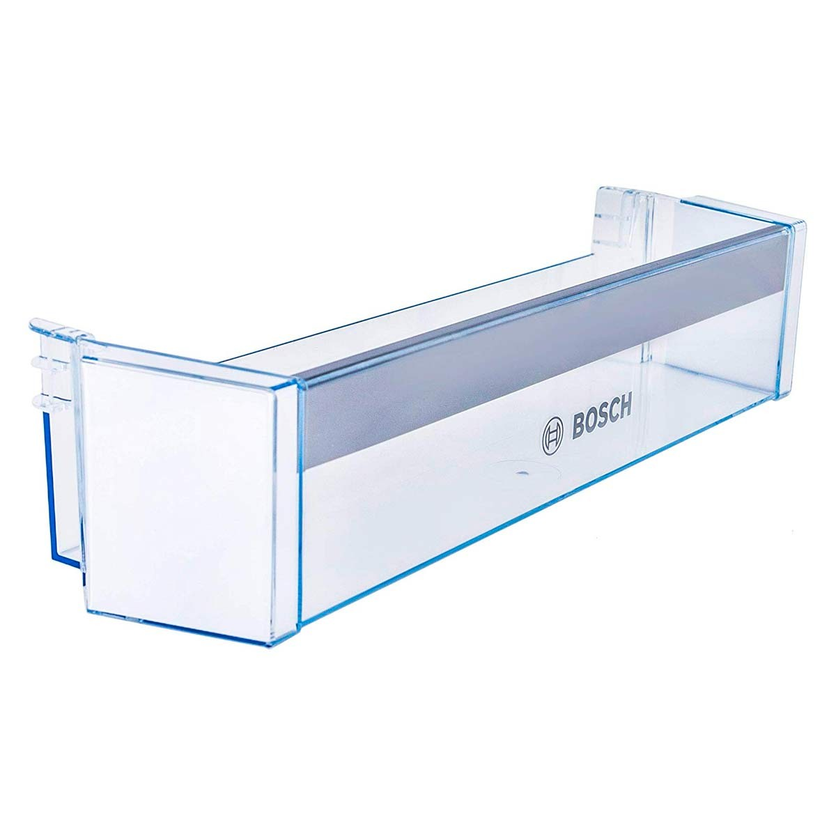 Un estante de refrigerador Bosch de plástico transparente. Tiene un borde azul y una franja gris. El logotipo de Bosch está impreso.
