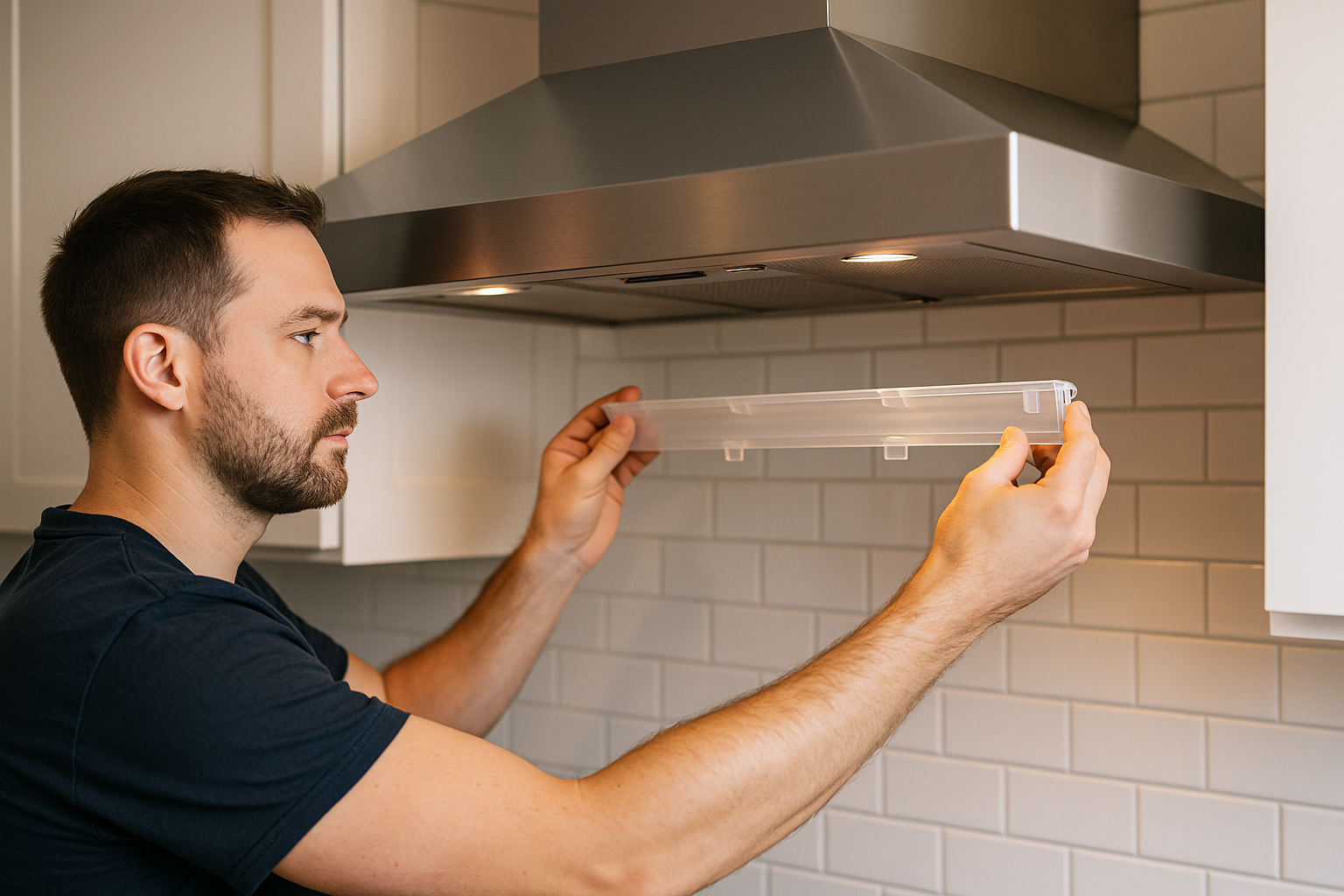 Un hombre instala un filtro de plástico transparente debajo de una campana extractora de acero inoxidable en una cocina. Se ven gabinetes y azulejos blancos.