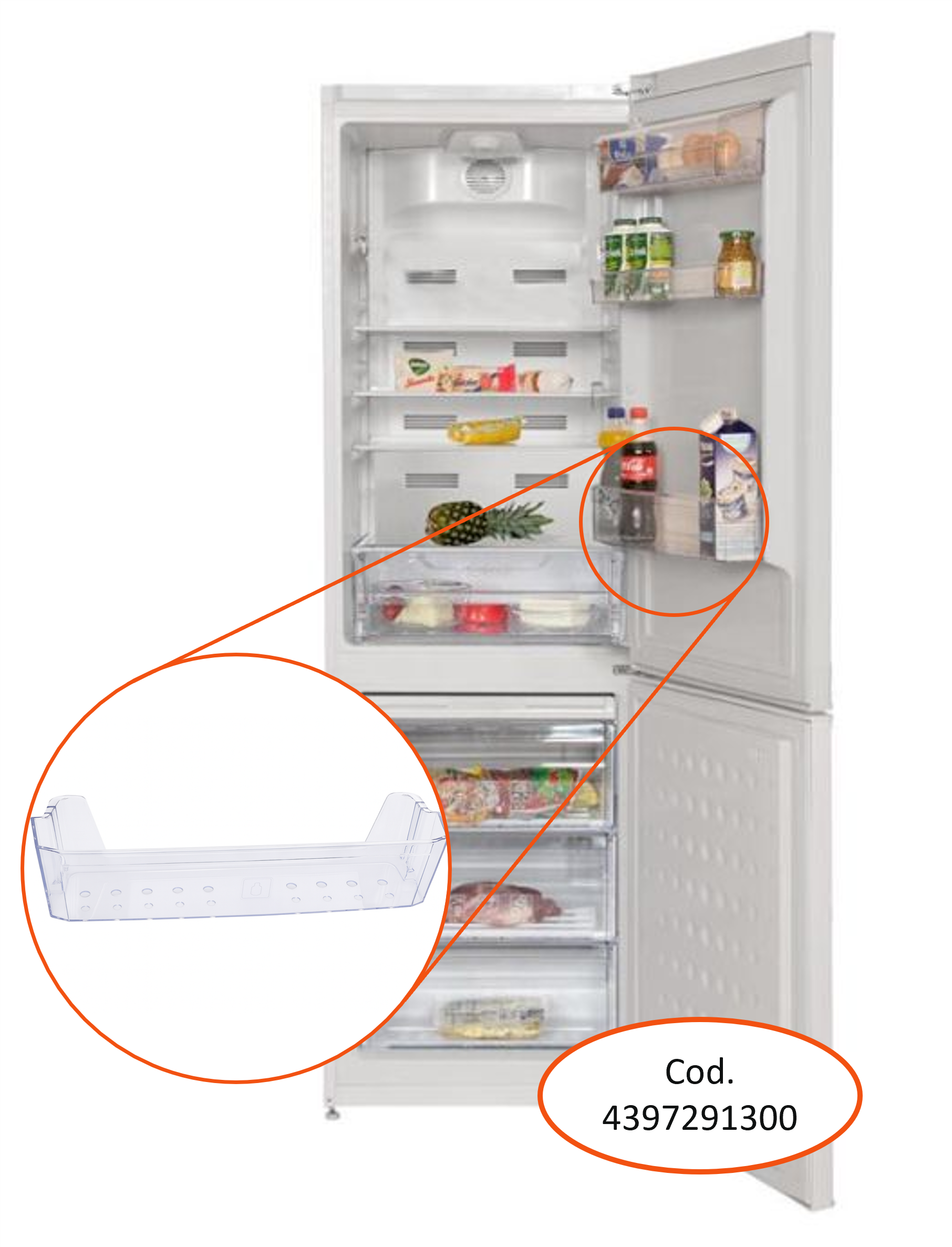 Un refrigerador abierto con comida y un estante de plástico transparente en foco. Un círculo muestra el estante. Una etiqueta dice Cod. 4397291300.
