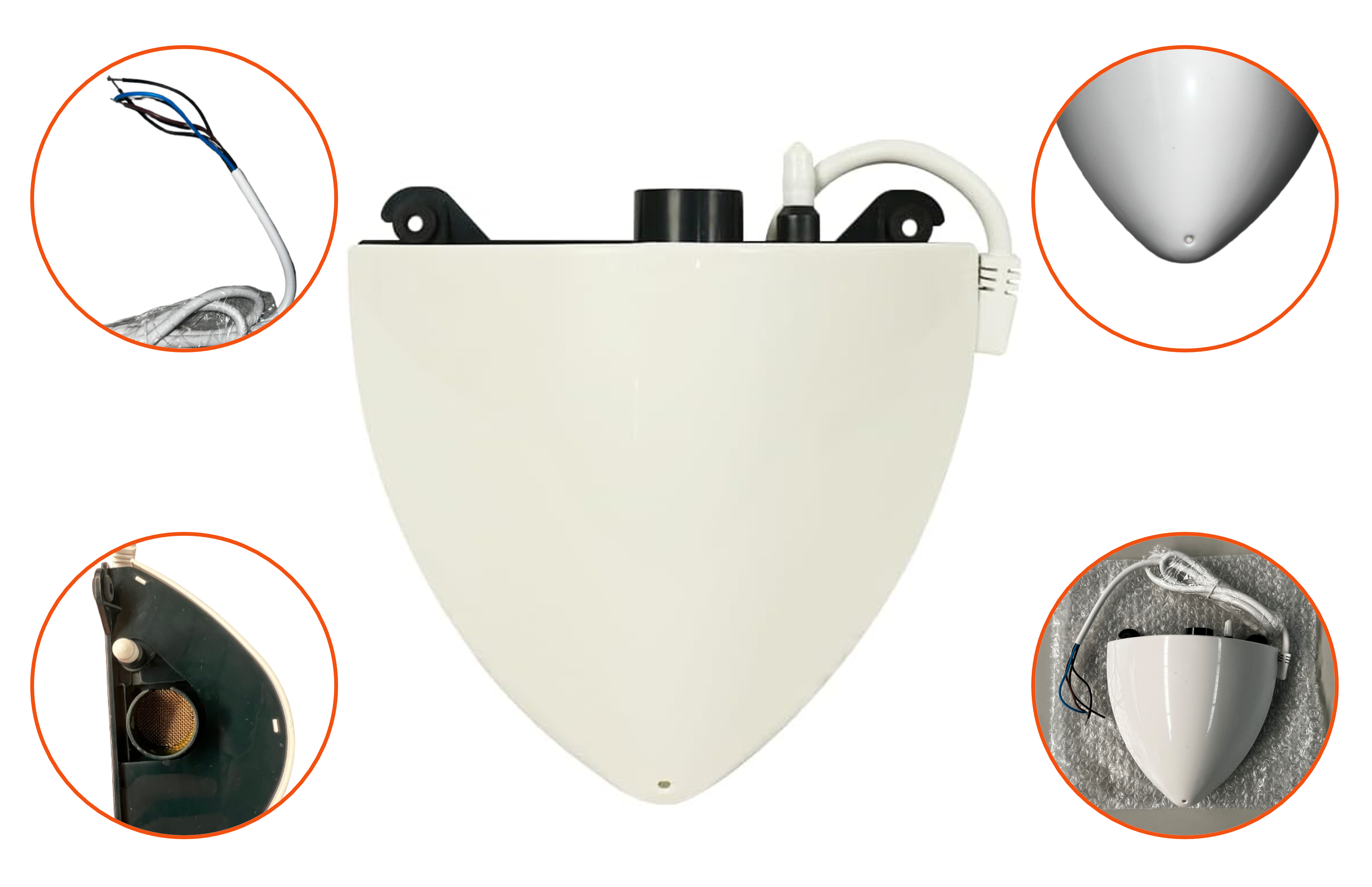 Dispositivo de plástico blanco con detalles negros y cables. Primeros planos resaltan componentes como la entrada de agua.