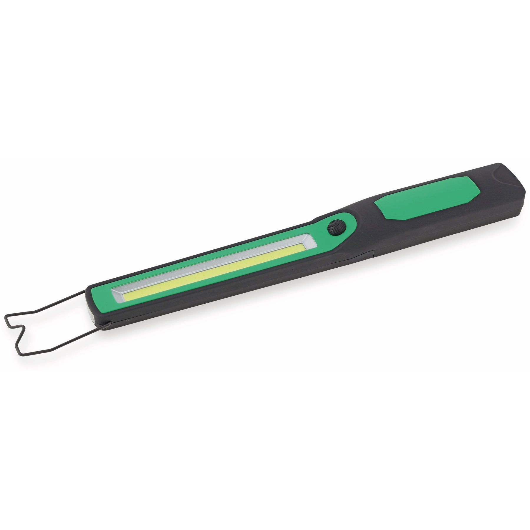 Eine schwarze und grüne LED-Arbeitsleuchte liegt auf einer weißen Oberfläche. Sie hat einen Griff und einen kleinen Drahtbügel.