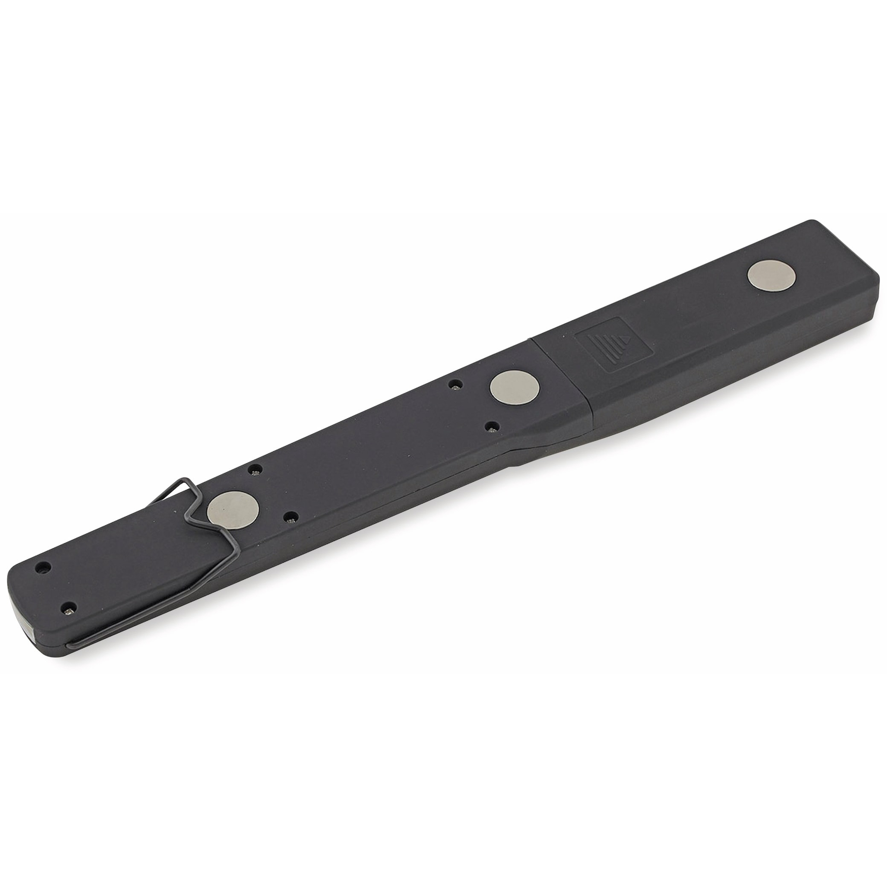Eine schwarze rechteckige LED-Arbeitsleuchte mit silbernen Magneten und einem Metallclip liegt auf einer weißen Oberfläche.