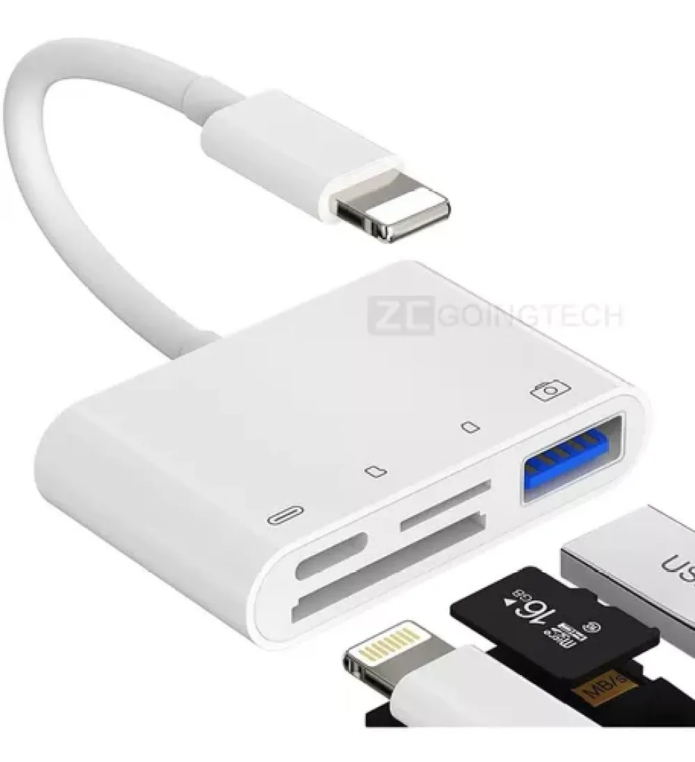 Weißer Kartenleser mit angeschlossenem Kabel, Lightning-Anschluss und verschiedenen Steckplätzen. Enthält SD-Karte und USB-Anschluss.
