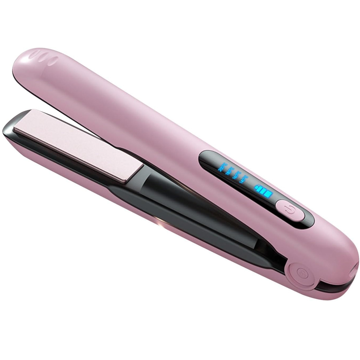 Ein rosa Haarglätter, offen und abgewinkelt. Es hat eine Digitalanzeige mit Temperatur. Die Platten sind hellrosa.