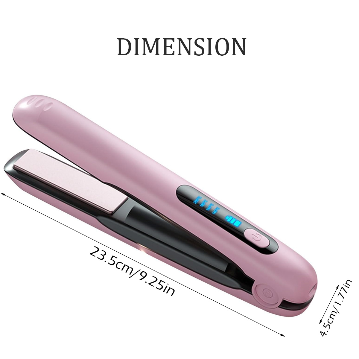Ein rosa Haarglätter mit Maßangaben. Der Glätter ist geöffnet und zeigt die Heizplatten und die Digitalanzeige.