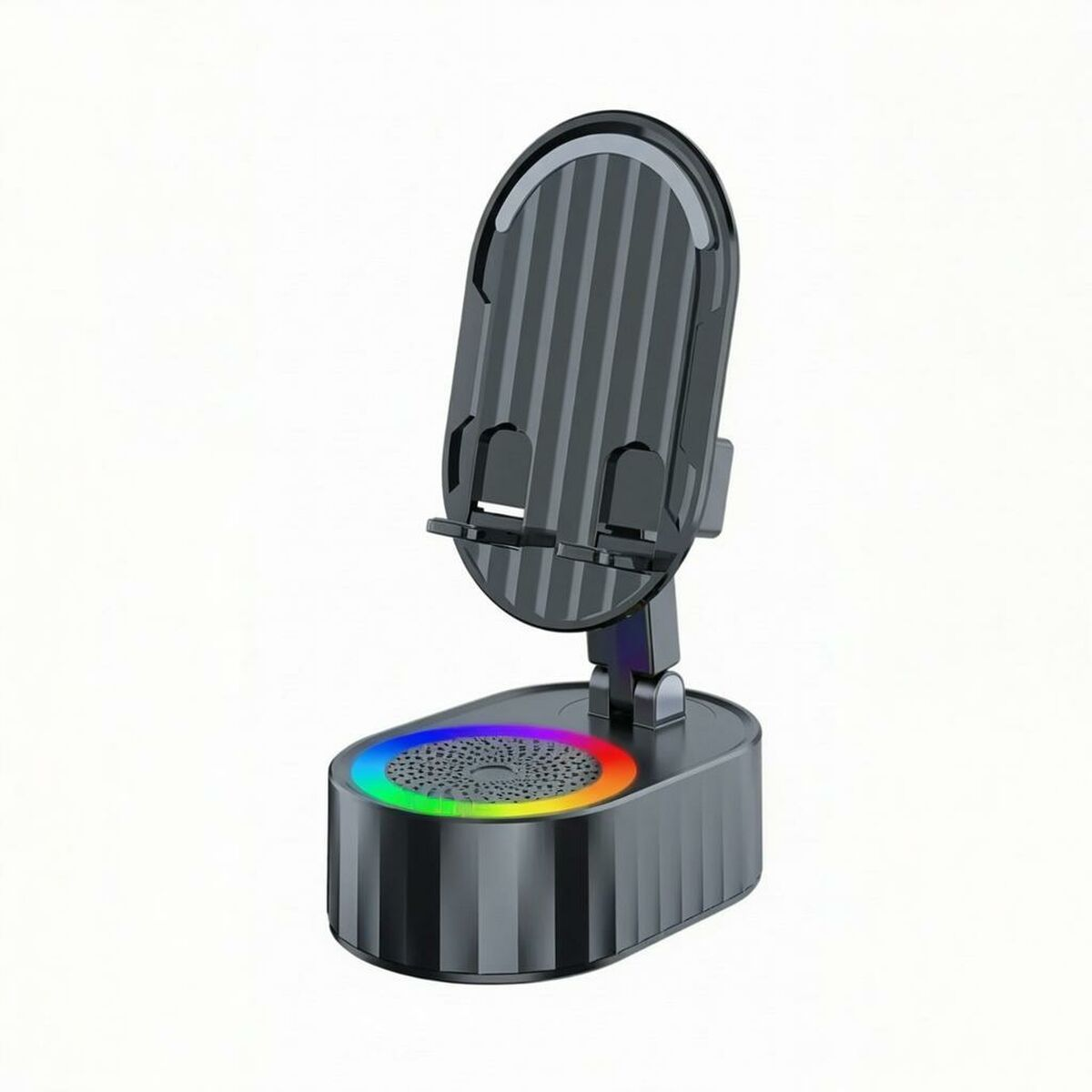 Ein schwarzer Telefonhalter mit Regenbogenlichtern. Er hat ein vertikales Design mit einer Telefonhalterung oben und einem Lautsprecherfuß.