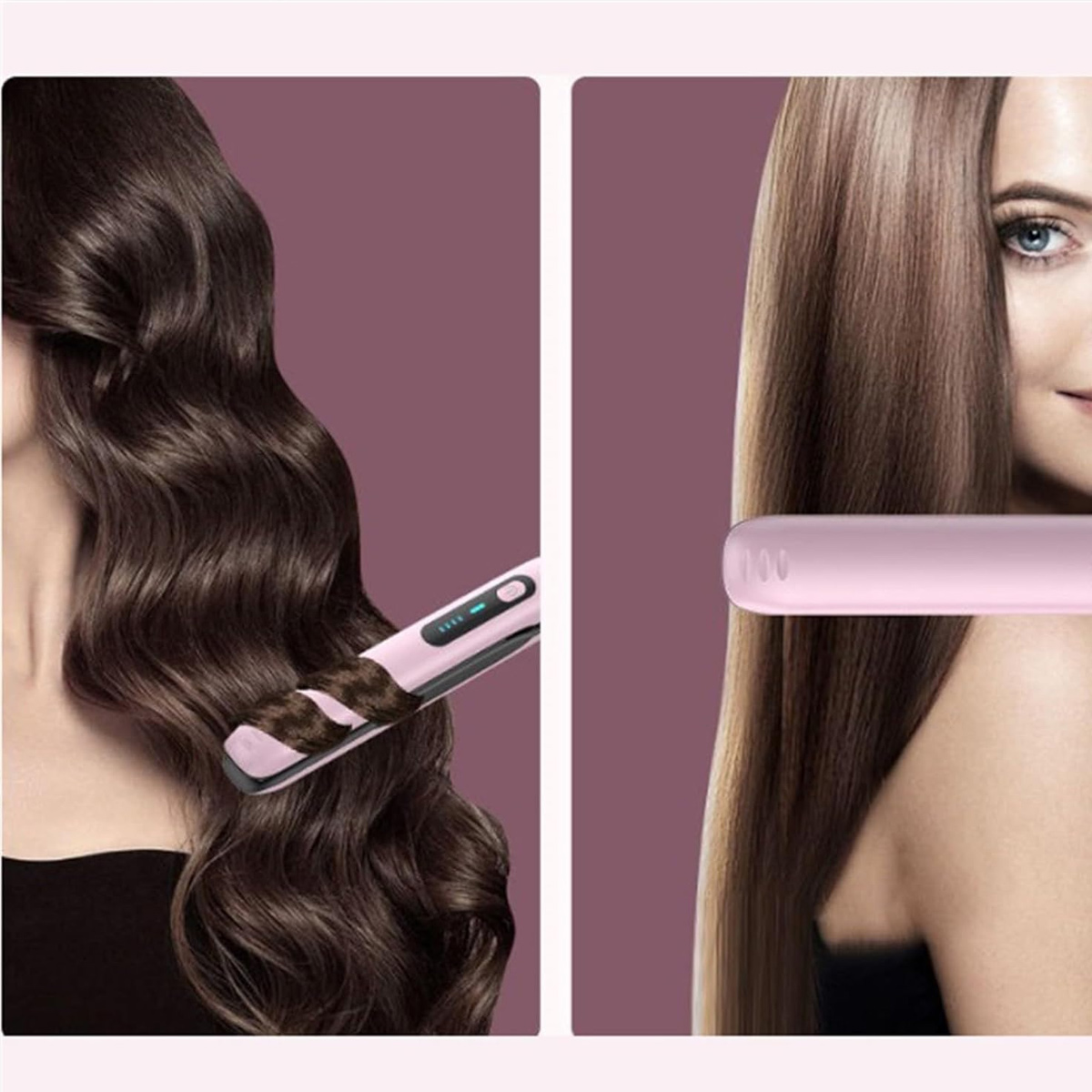 Das Bild zeigt Haarstyling. Eine Seite zeigt welliges Haar, das gestylt wird, die andere Seite ist glattes Haar. Ein rosa Glätteisen wird verwendet.