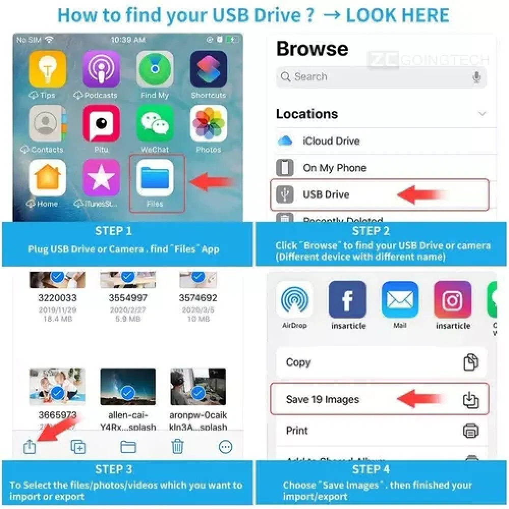 Screenshot mit Schritten zum Auffinden eines USB-Laufwerks auf einem Telefon: Suchen Sie die Datei-App, durchsuchen Sie sie, wählen Sie Dateien aus und speichern Sie Bilder.