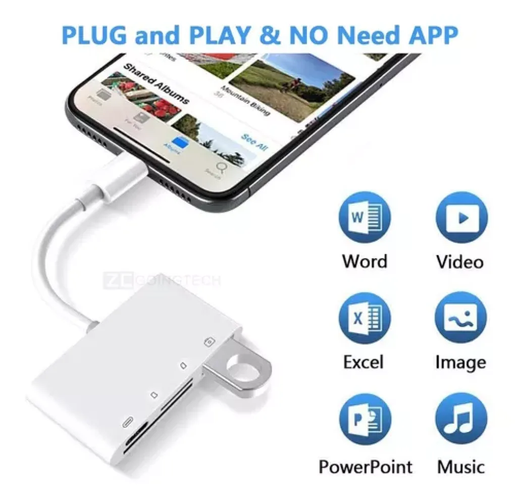 Ein weißer Adapter, der mit einem Telefon verbunden ist. Symbole für Word, Video, Excel, Bild, PowerPoint und Musik werden angezeigt.