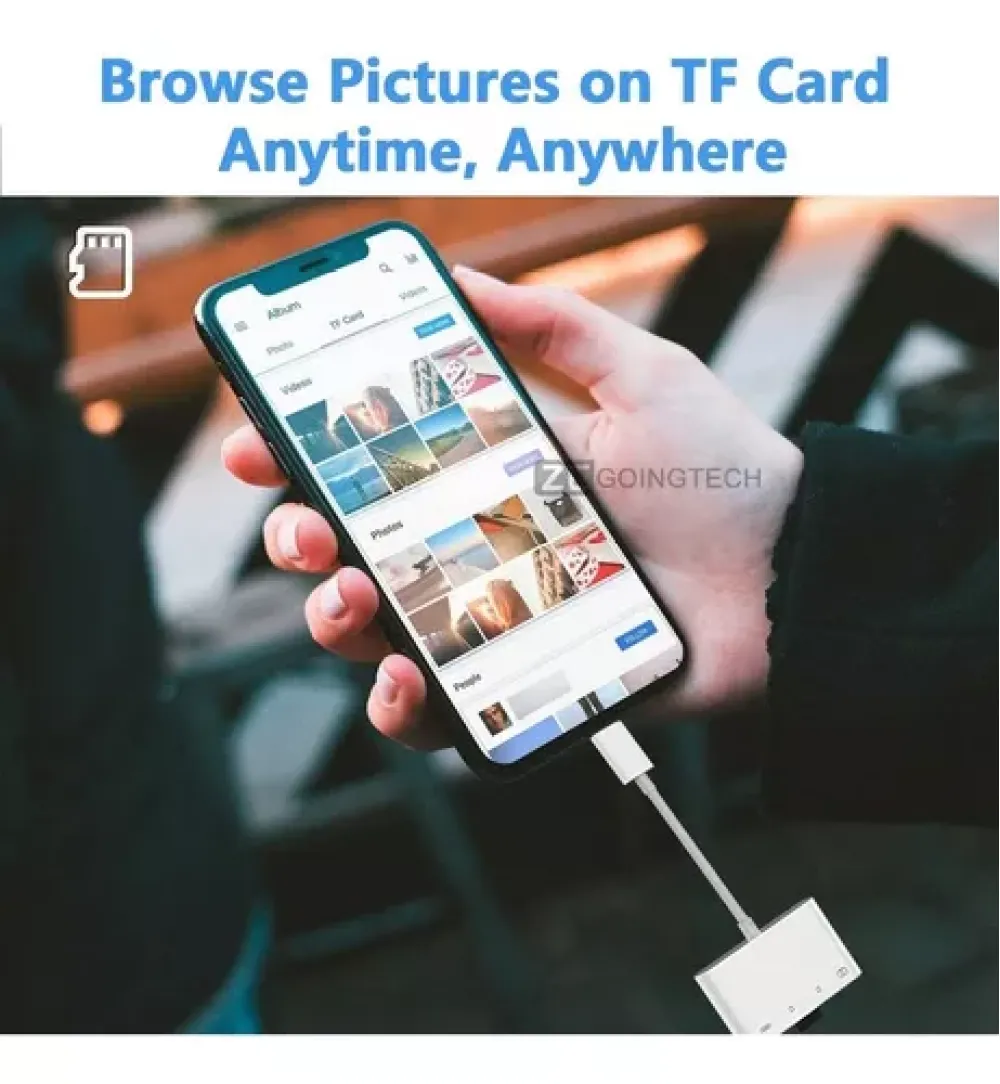 Eine Hand hält ein Smartphone mit Fotos. Ein Kartenleser ist mit dem Telefon verbunden, darüber steht 'Bilder durchsuchen'.