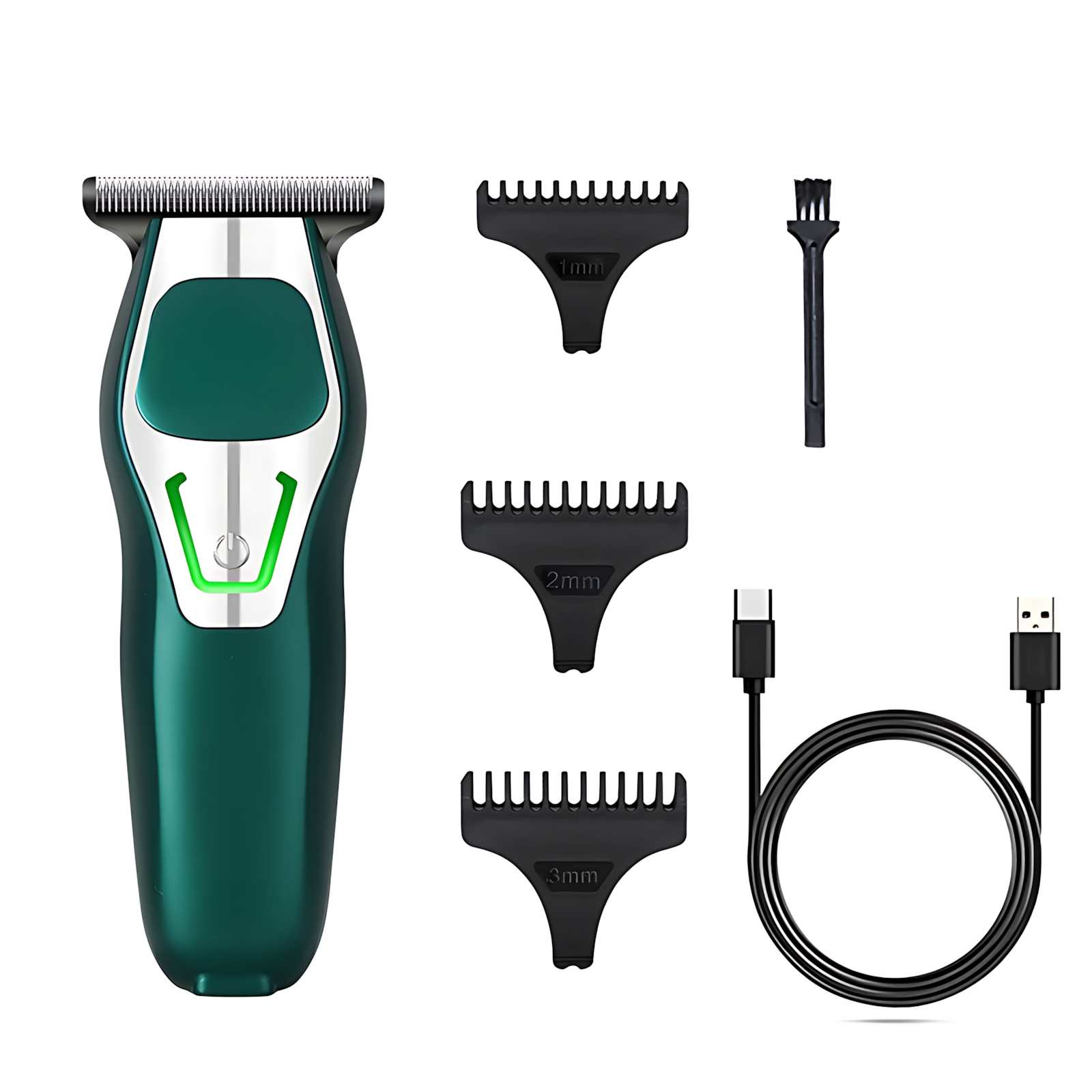 Ein grüner Haarschneider mit Aufsätzen, darunter Kämme, eine Bürste und ein USB-Ladekabel, auf weißem Untergrund.