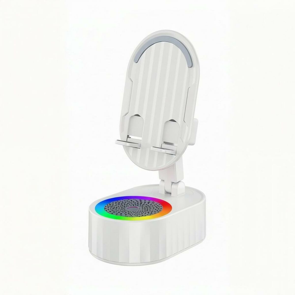 Un supporto per telefono bianco con illuminazione RGB. Ha un supporto per telefono e una base con un anello luminoso colorato, su sfondo bianco.