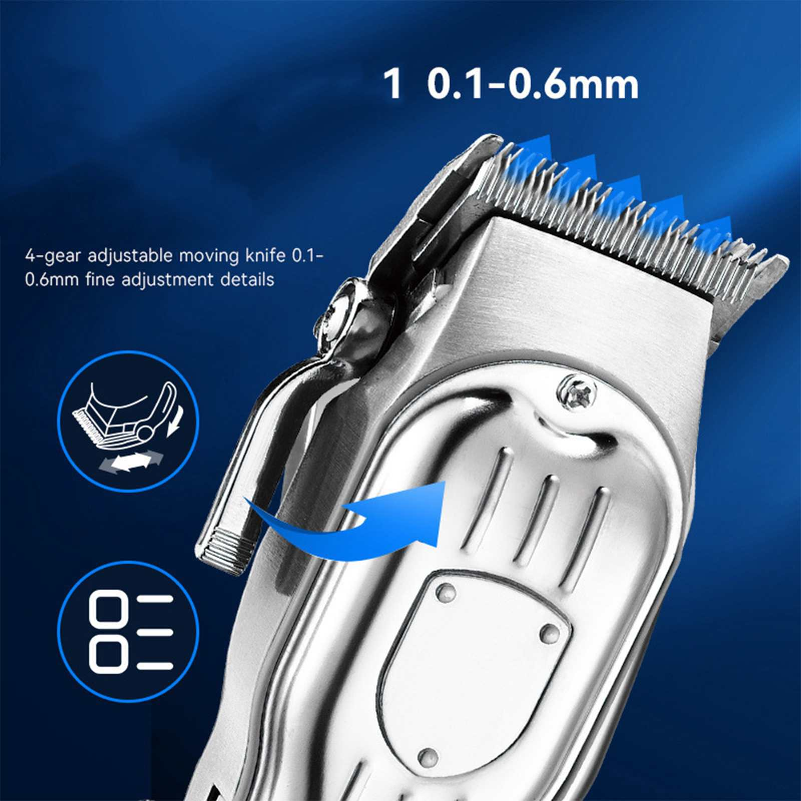 Nahaufnahme eines silbernen Haarschneiders. Text enthält '0,1-0,6mm' und '4-Gang einstellbares Messer'.