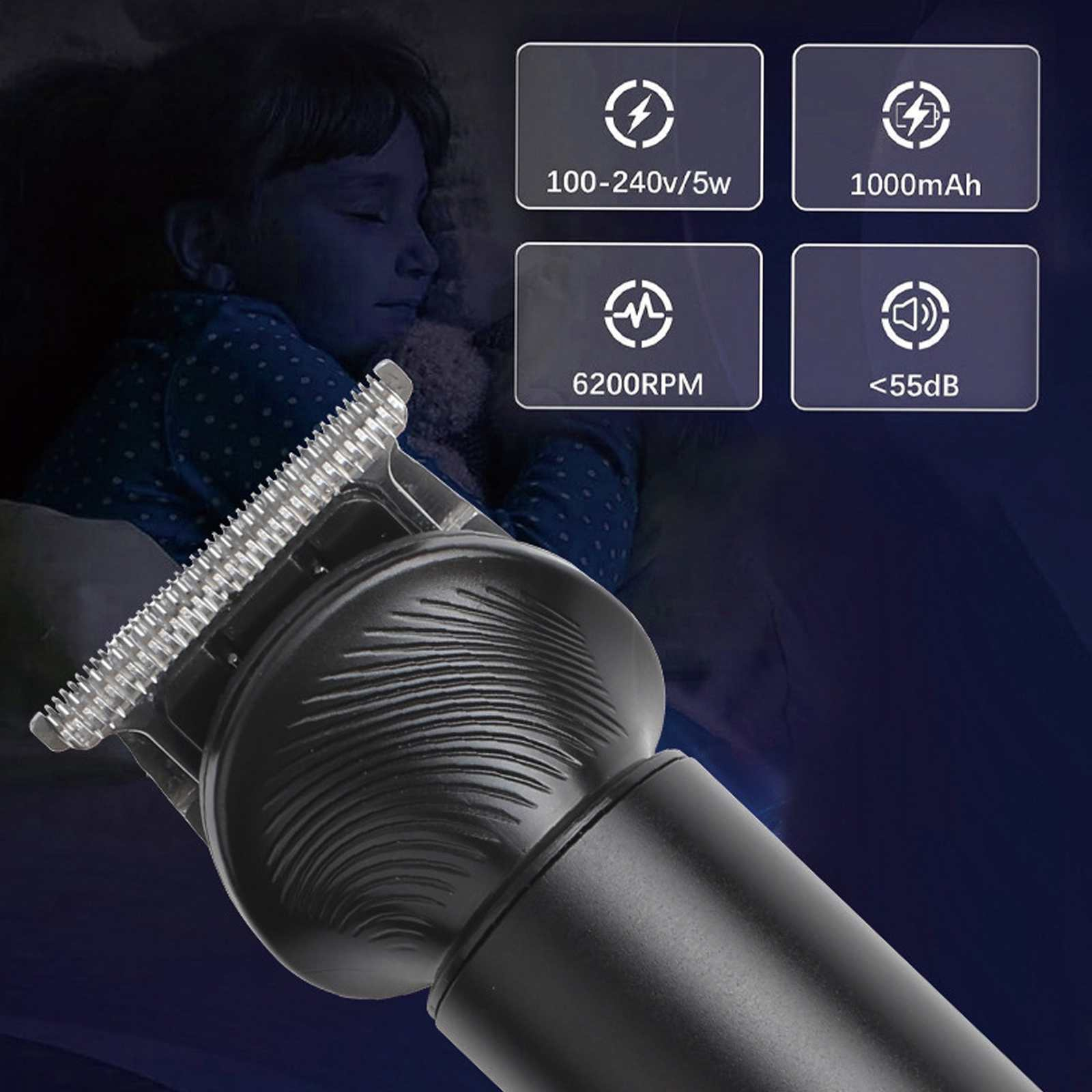 Ein schlafendes Kind neben einem Haarschneider. Der Haarschneider zeigt Spezifikationen: 100-240V/5W, 1000mAh, 6200RPM und <lt/>55dB.