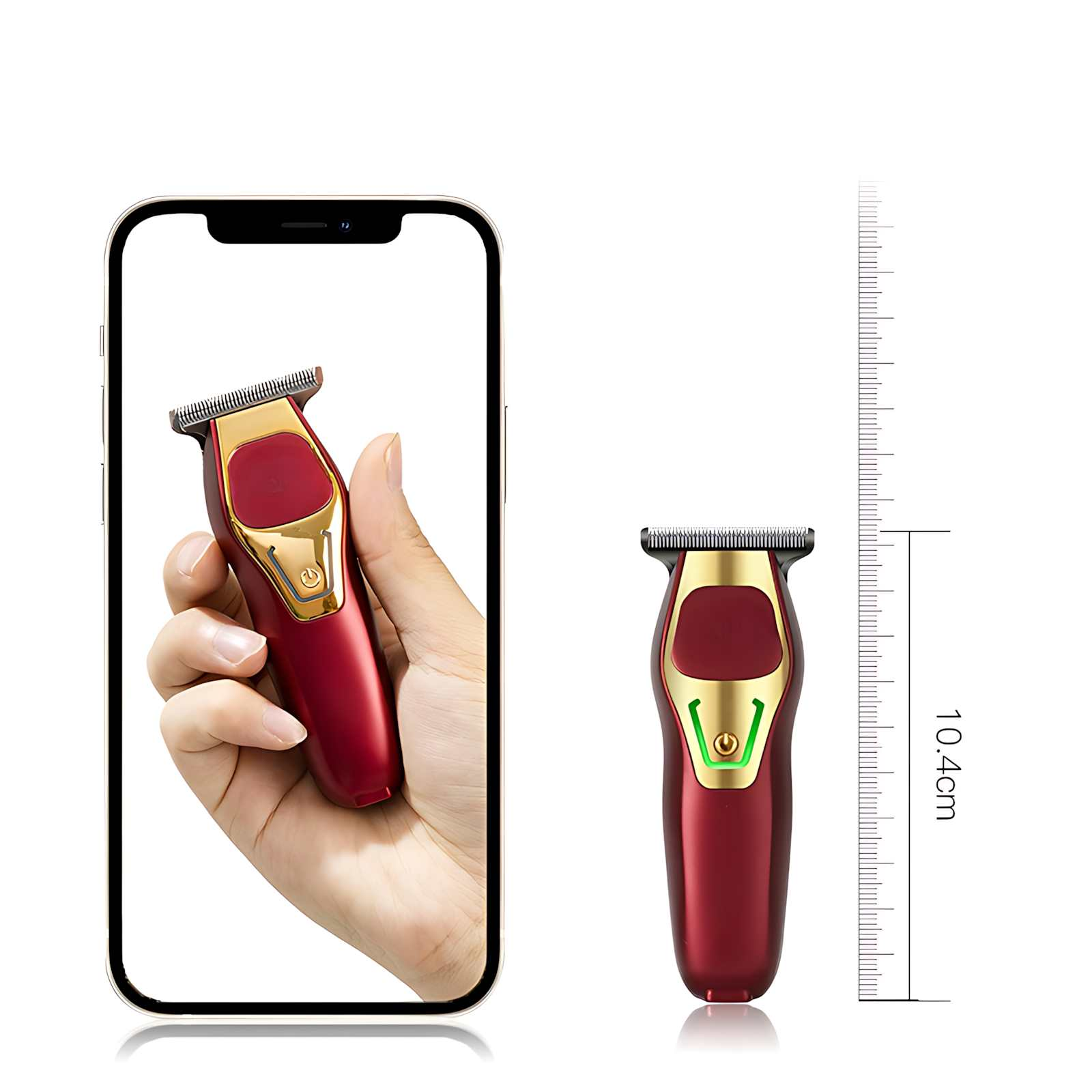 Ein roter und goldener Haarschneider wird in einer Hand gehalten und neben einem Lineal gezeigt. Die Länge des Clippers beträgt 10,4 cm.