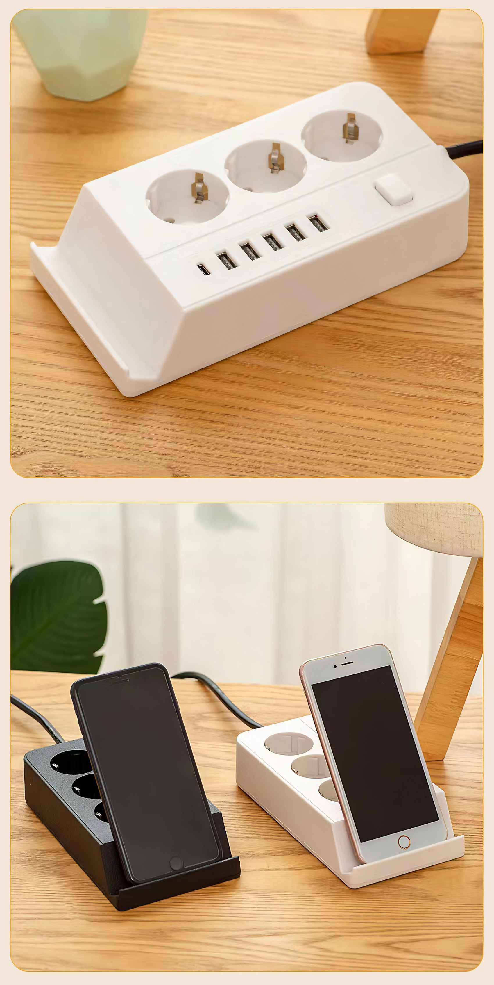 Weißes Stromkabel mit Steckdosen und USB-Anschlüssen auf einem Holztisch, zwei Telefone darauf, eines schwarz und eines weiß.
