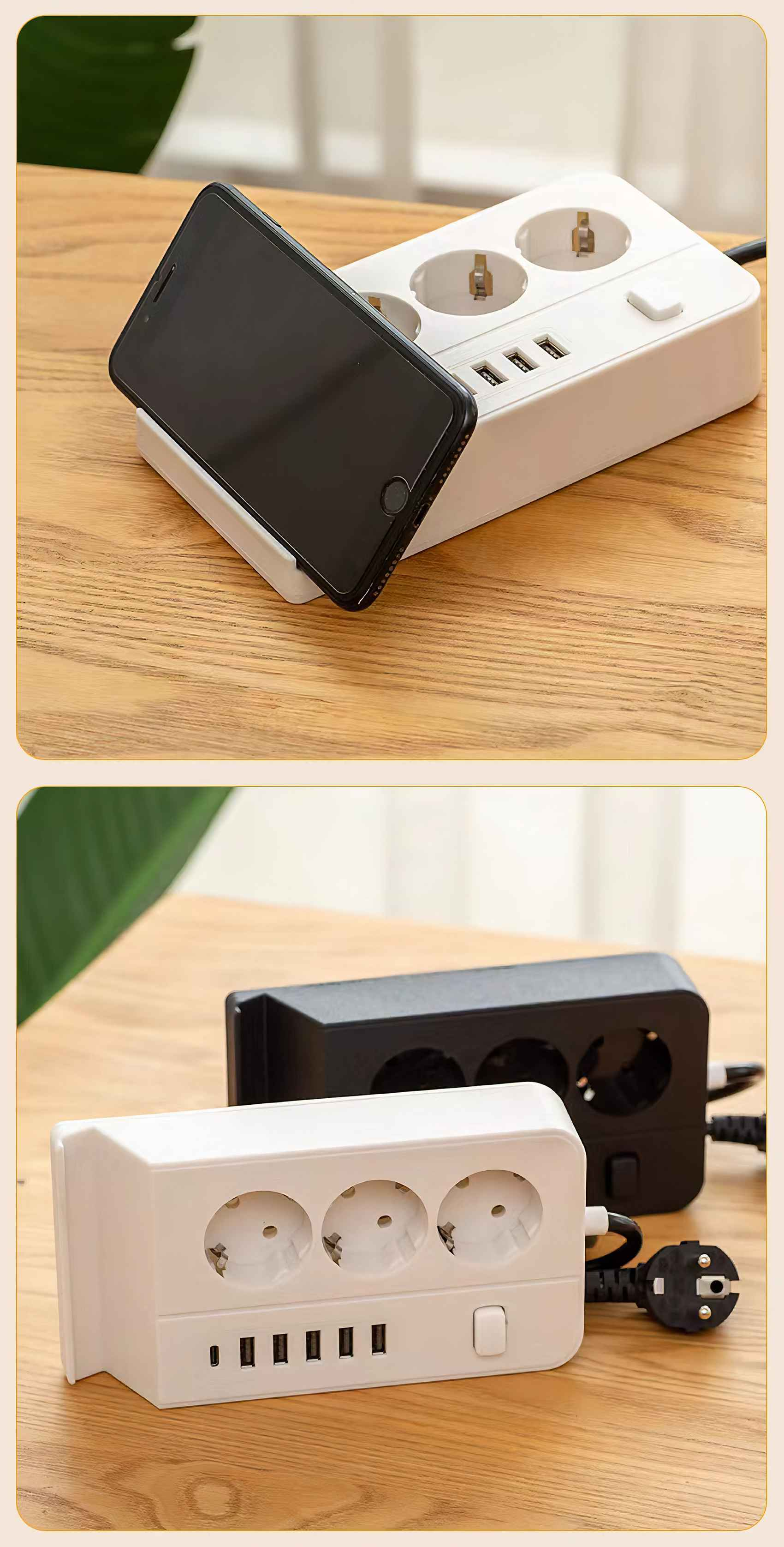 Eine weiße Steckdosenleiste mit Telefon und eine schwarze Steckdosenleiste. Beide haben mehrere Steckdosen, USB-Anschlüsse und einen Schalter, auf einem Holztisch.