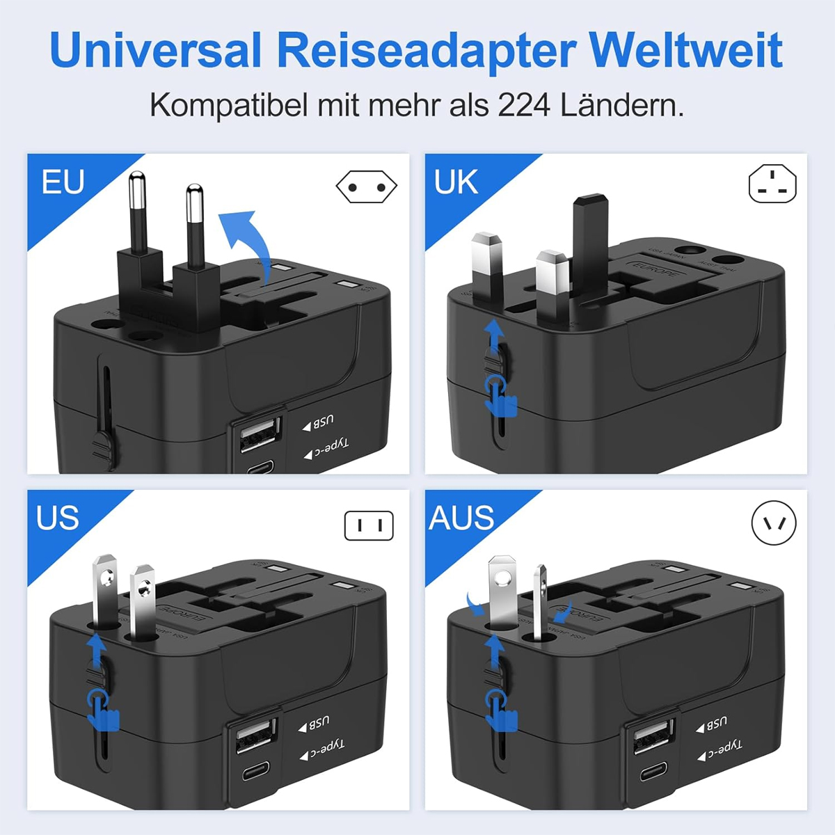 Ein schwarzer Universal-Reiseadapter mit verschiedenen Steckertypen (EU, UK, US, AUS) mit Pfeilen. Er hat USB- und Typ-C-Anschlüsse.