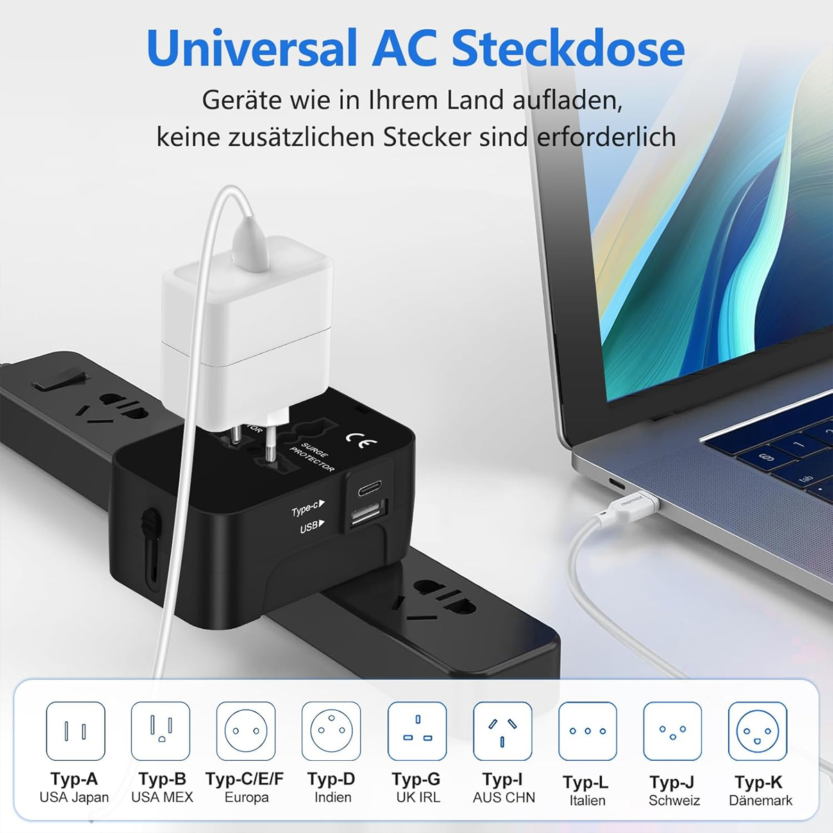 Ein schwarzer und weißer Universal-AC-Adapter mit eingestecktem weißen Stecker neben einem Laptop. Unten sind verschiedene Steckertypen.