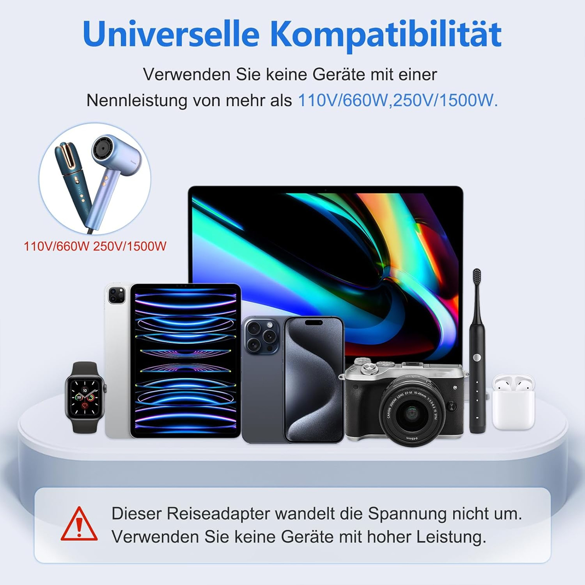 Das Bild zeigt verschiedene Elektronikgeräte wie Laptop, Telefon, Kamera, Uhr und Haartrockner, mit Text über Kompatibilität und Warnungen.