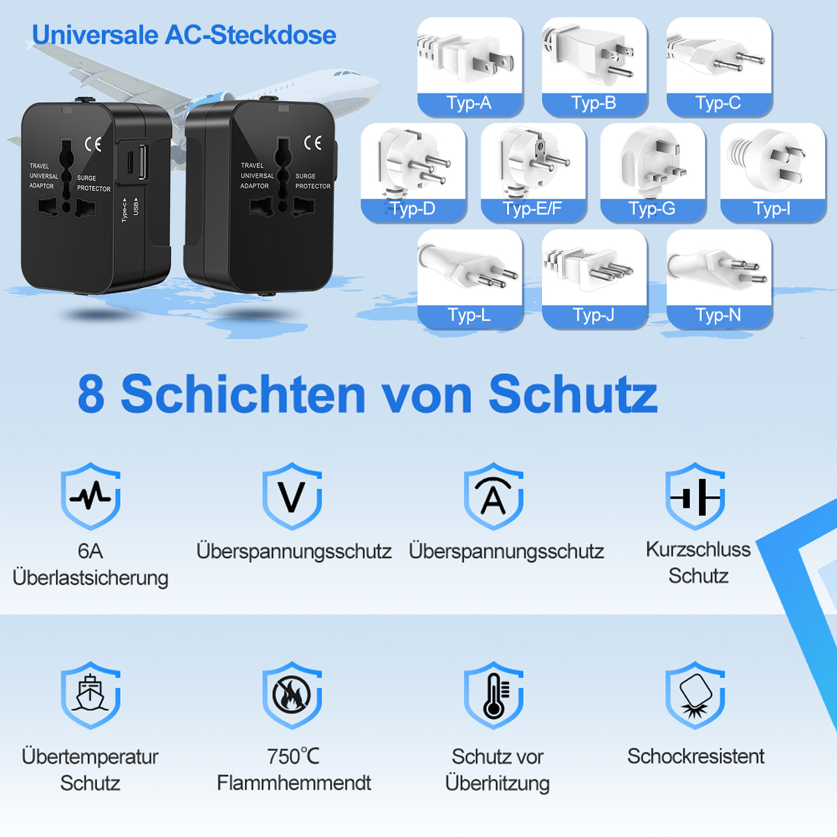 Schwarze Universal-Reiseadapter, verschiedene Steckertypen, Schutzsymbole und deutscher Text, darunter '8 Schutzschichten'.