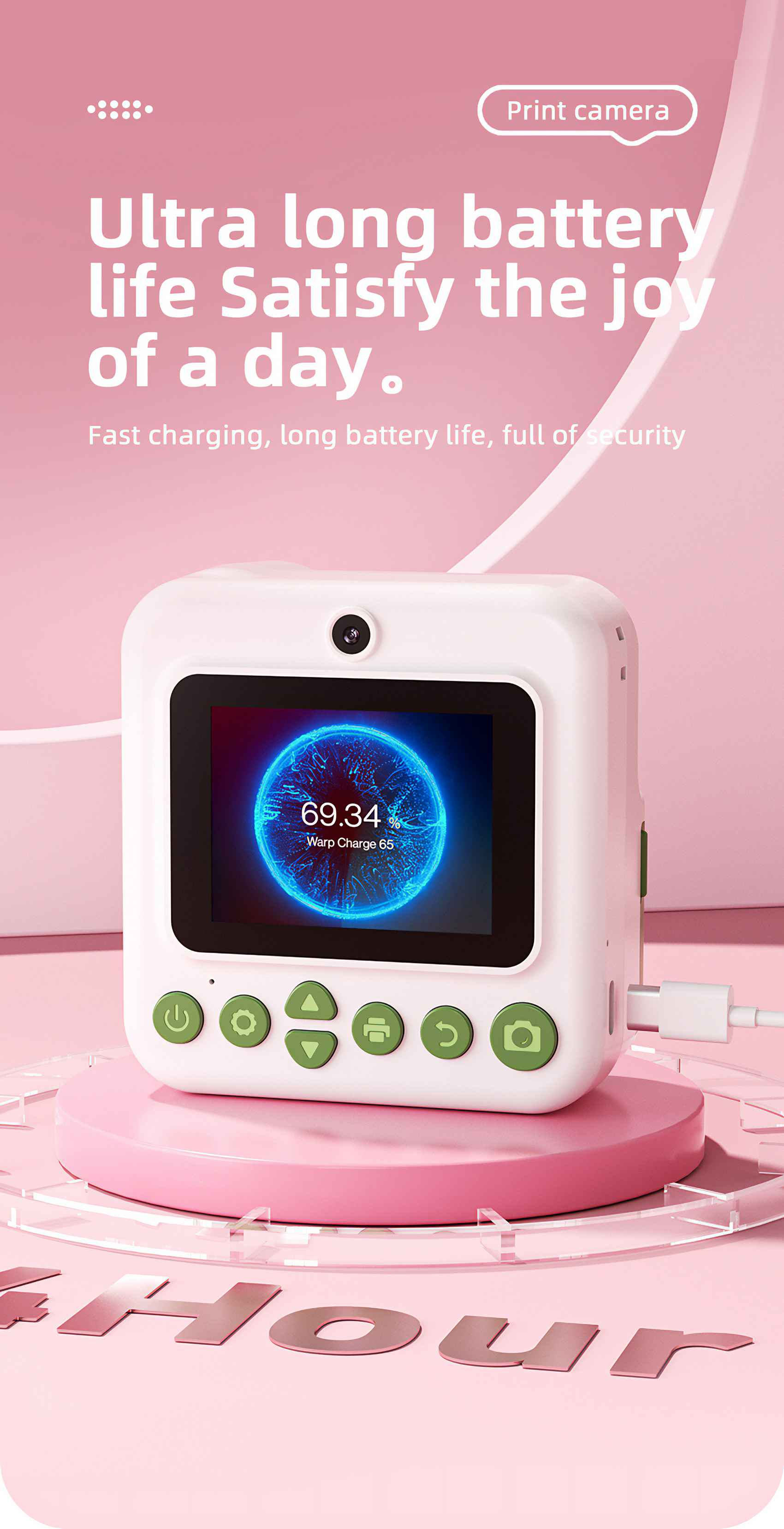 Eine weiße Druckkamera mit einem Bildschirm, der ein Ladesymbol anzeigt. Sie steht auf einer pinken Plattform mit dem Text 'Hour'.