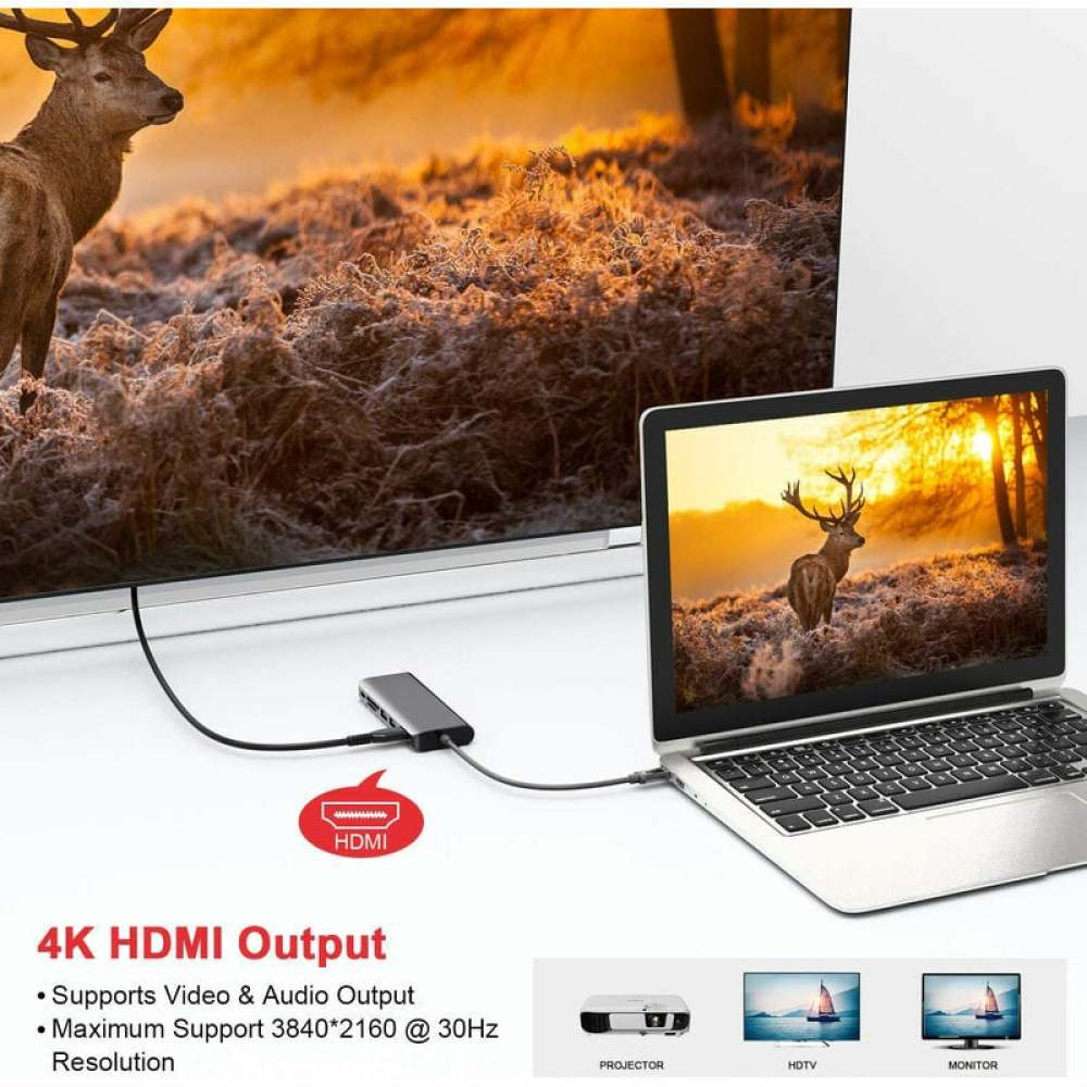 Laptop mit HDMI-Adapter an Fernseher angeschlossen. Beide Bildschirme zeigen einen Hirsch in einem Feld bei Sonnenuntergang. Text: 4K HDMI-Ausgang.