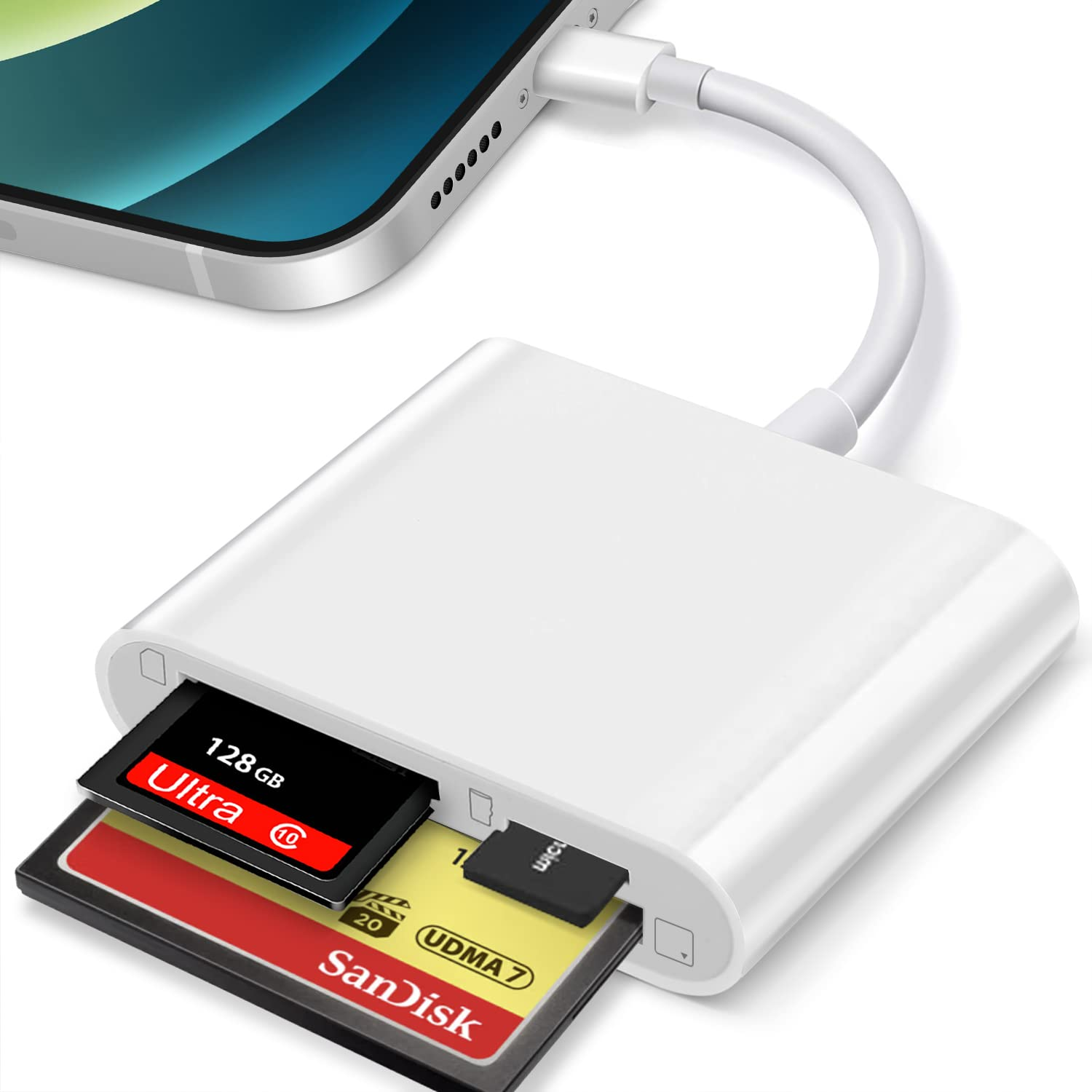 Weißer Kartenleser, der mit einem Telefon verbunden ist. SD-Karten sind eingesetzt. Eine schwarze Karte liest 128 GB. Eine andere ist gelb und rot.