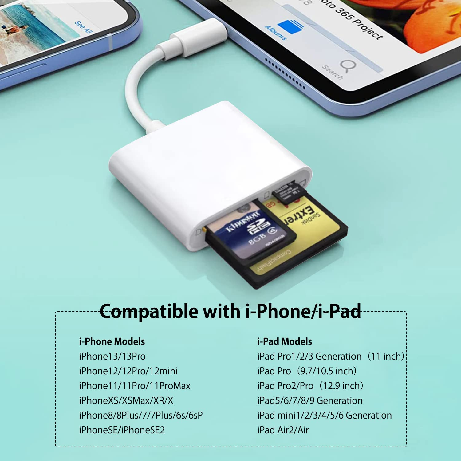 Ein weißer Adapter, der mit einem Telefon und iPad verbunden ist, mit eingesetzten SD-Karten. Text listet kompatible iPhone- und iPad-Modelle auf.