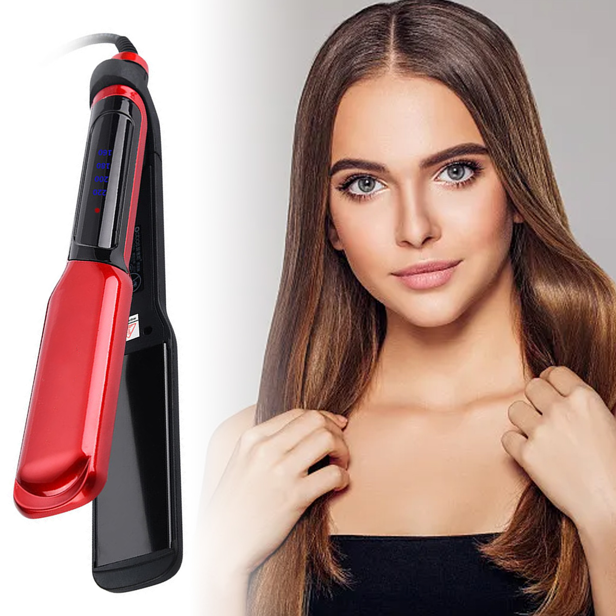 Eine Frau mit langen braunen Haaren neben einem rot-schwarzen Glätteisen. Die Frau trägt ein schwarzes Top.