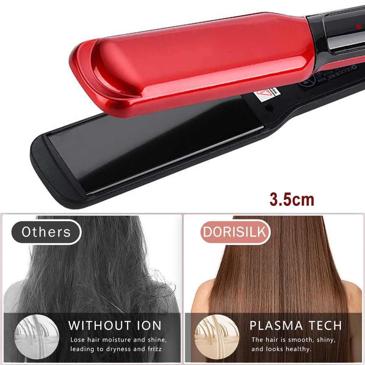 Ein rotes und schwarzes Glätteisen wird gezeigt. Unten zeigt ein Vergleich geschädigtes Haar vs. glänzendes Haar. Text lautet 'DORISILK'.