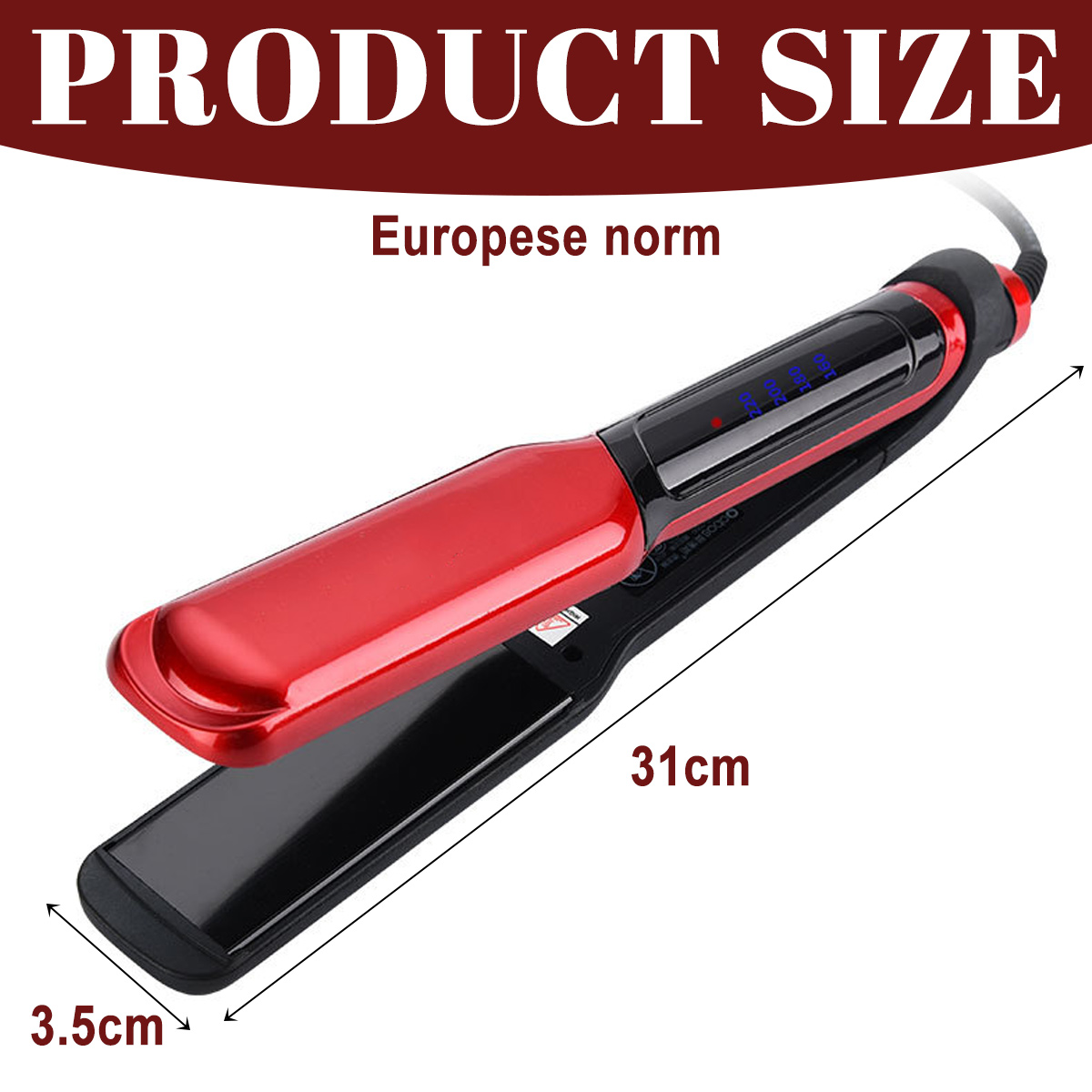 Rotes und schwarzes Glätteisen, Produktgröße ist 31 cm lang und 3,5 cm breit. Das Etikett der Produktgröße ist im Bild zu sehen.