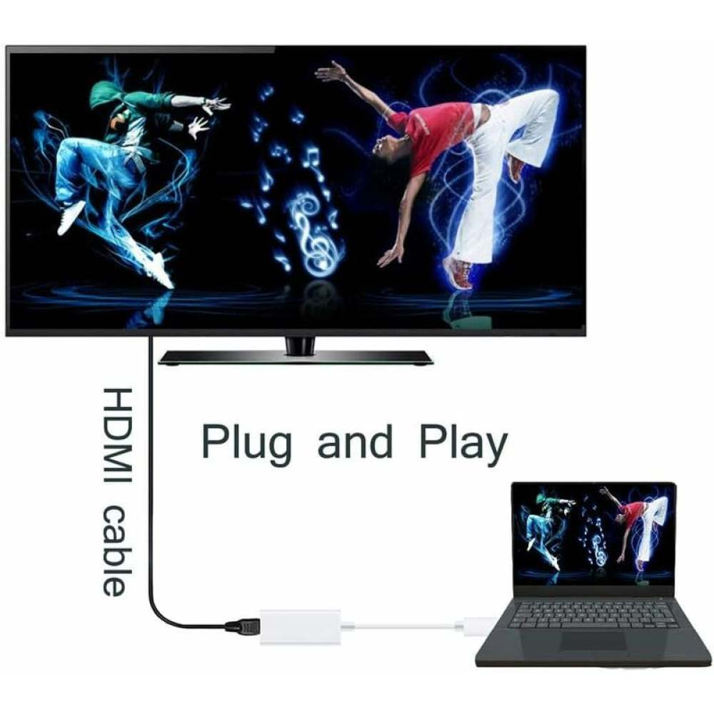 Ein Fernseher zeigt Tänzer. Über ein HDMI-Kabel mit einem Laptop verbunden. Text lautet 'Plug and Play'. Bild zeigt den Verbindungsaufbau.