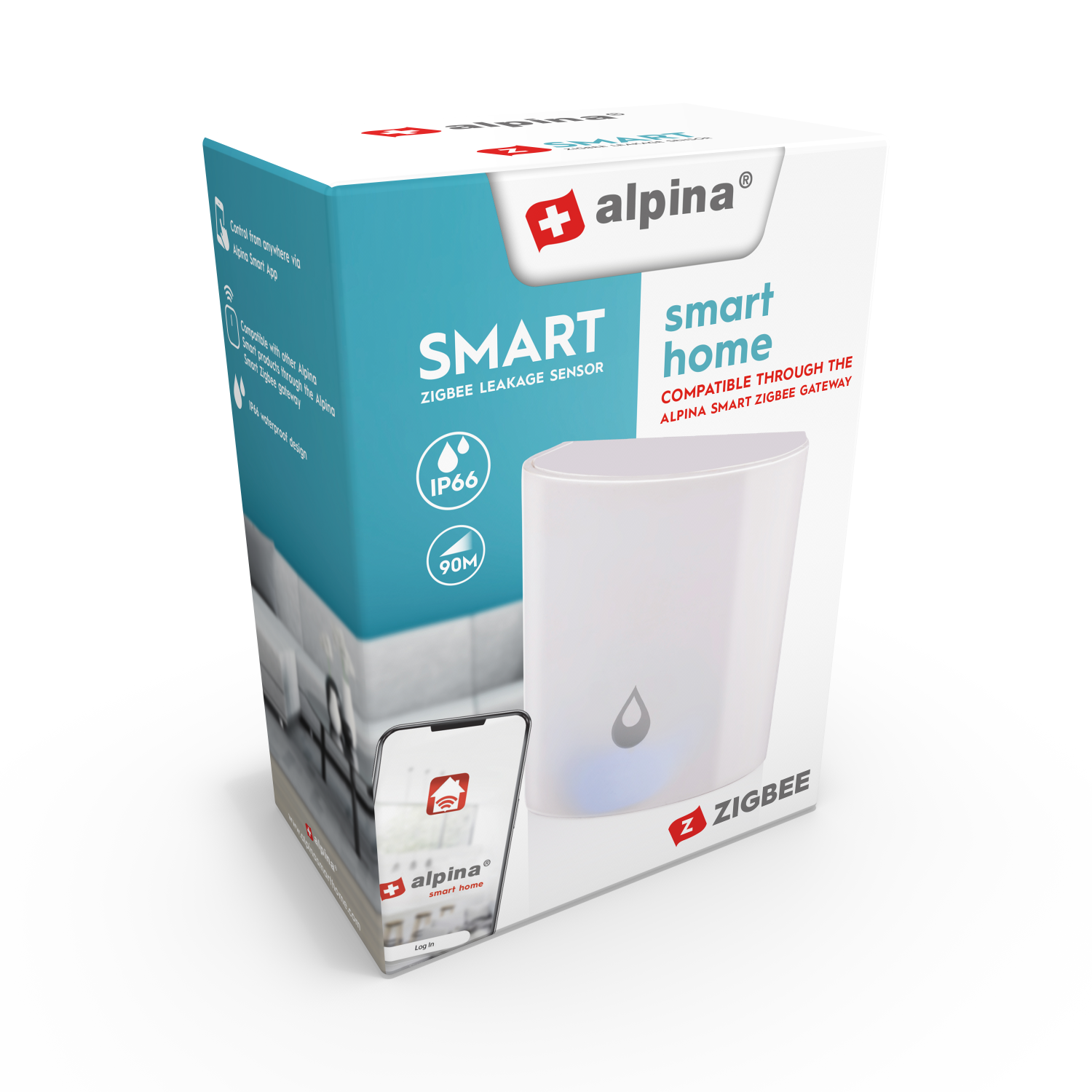 Una scatola di prodotto per un dispositivo per la casa intelligente. La scatola presenta testo e immagini relative alla tecnologia smart home, incluso uno smartphone.