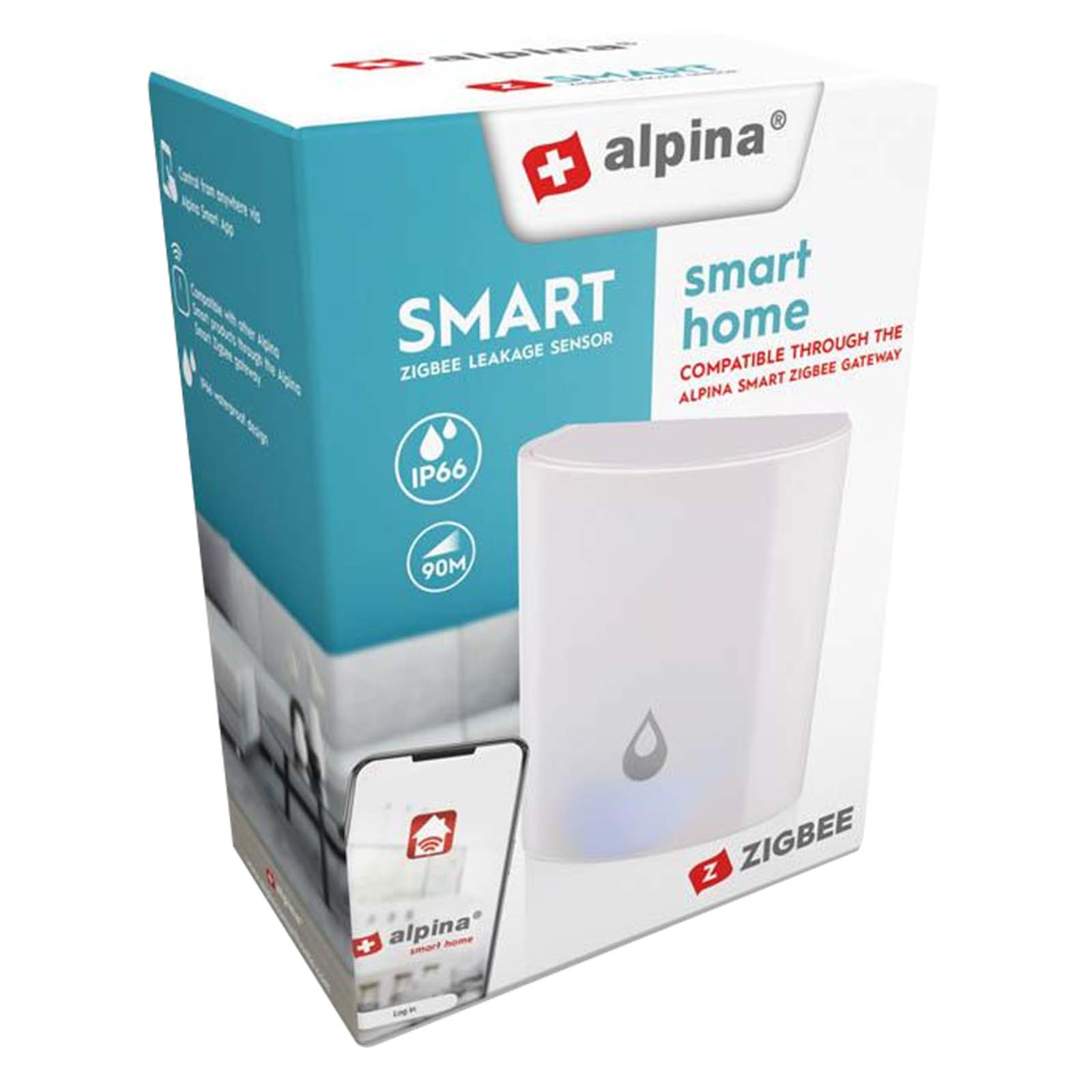 Scatola con logo 'alpina', sensore smart home, 'ZIGBEE' e telefono. Sensore bianco davanti.