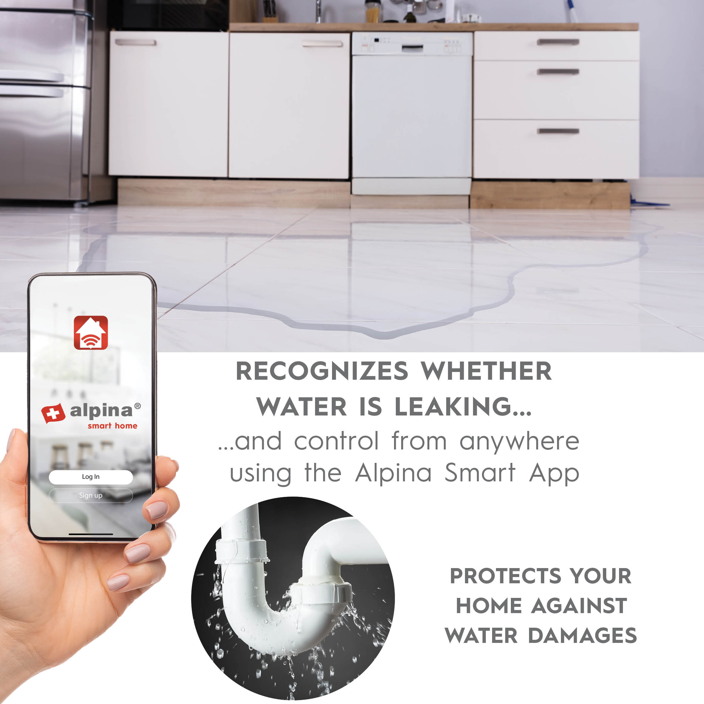 Una mano tiene un telefono con l'app Alpina Smart Home. Viene mostrato un tubo con perdite. Il testo dice: 'Rileva le perdite d'acqua'.