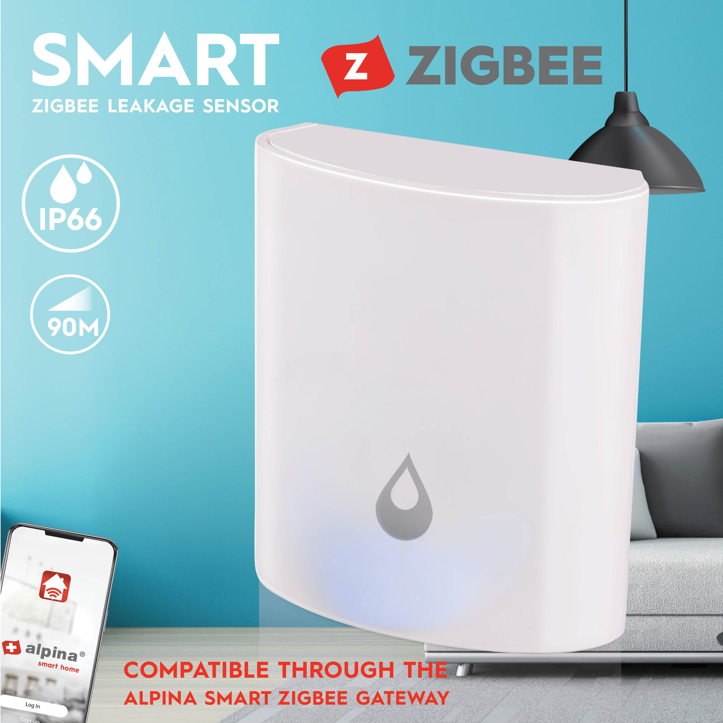 Un sensore di perdite Zigbee bianco con un'icona a goccia. Un telefono mostra l'app Alpina Smart Home. Testo: Smart, Zigbee.