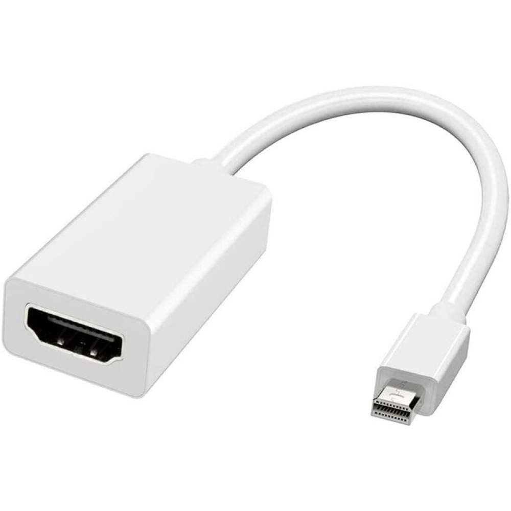 Ein weißes HDMI-zu-Mini-DisplayPort-Adapterkabel. Der Adapter hat an einem Ende eine rechteckige Form und am anderen einen kleineren Stecker.