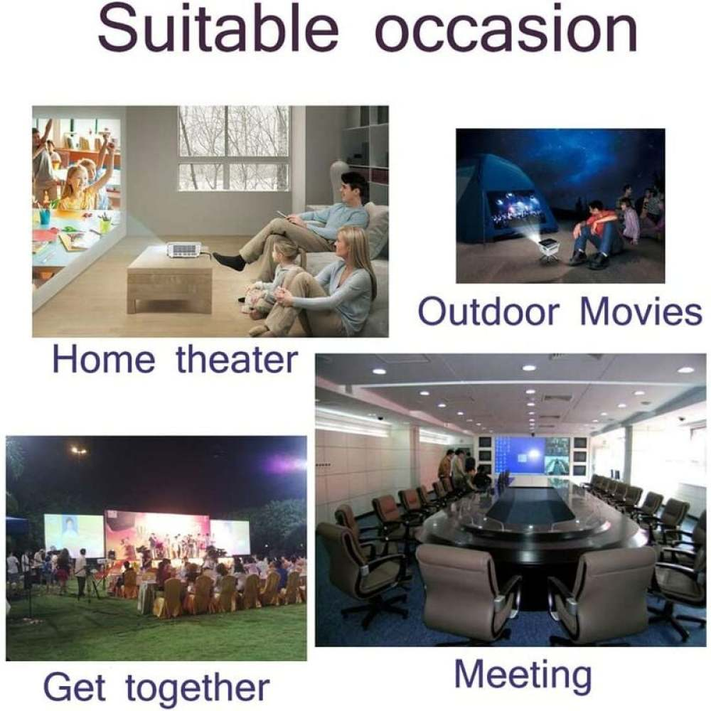 Das Bild zeigt vier Szenarien: Heimkino, Filme im Freien, Zusammenkünfte und Meetings. Jede Szene zeigt Menschen, die verschiedene Aktivitäten genießen.