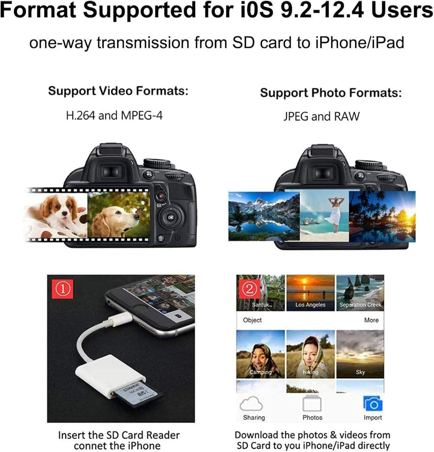 Bild zeigt, wie man eine SD-Karte mit einem iPhone/iPad verbindet. Es unterstützt die Videoformate H.264, MPEG-4 und die Fotoformate JPEG, RAW.