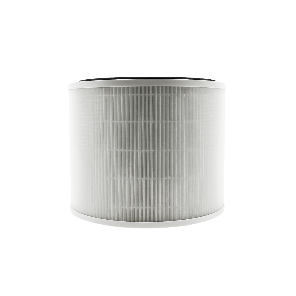 Un filtro dell'aria bianco con linee verticali è centrato su uno sfondo bianco. La parte superiore ha una banda nera. La parte inferiore è bianca.