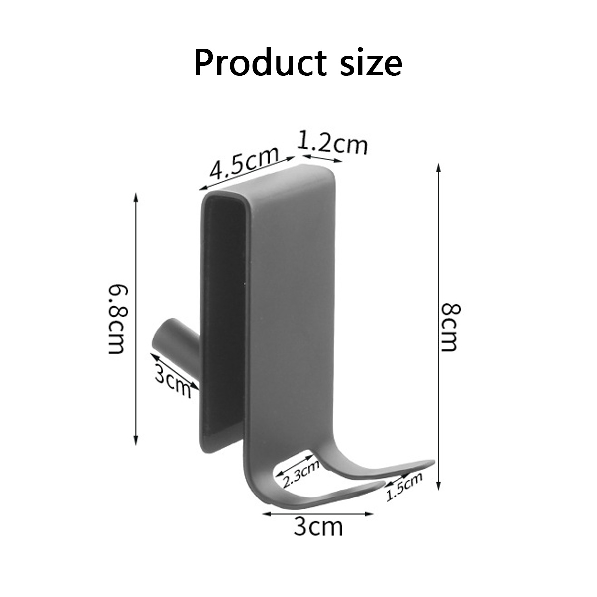 Grauer Metallhaken mit Maßangaben. Er ist 8 cm hoch, 4,5 cm breit und hat einen Haken. Abmessungen sind ebenfalls angegeben.
