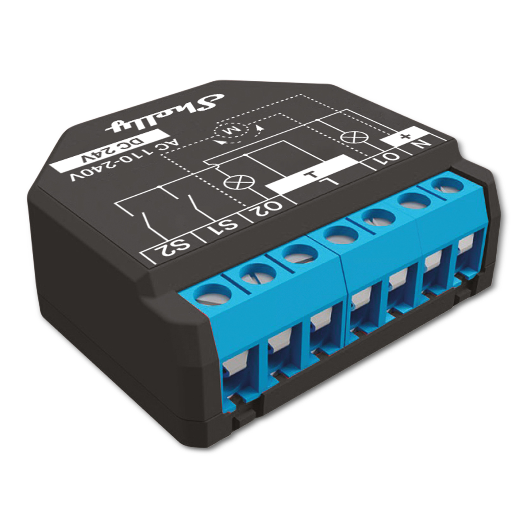 Ein schwarzes und blaues elektronisches Gerät. Auf dem Gerät stehen 'Shelly', 'AC 110-240V' und mehrere Anschlussbezeichnungen.