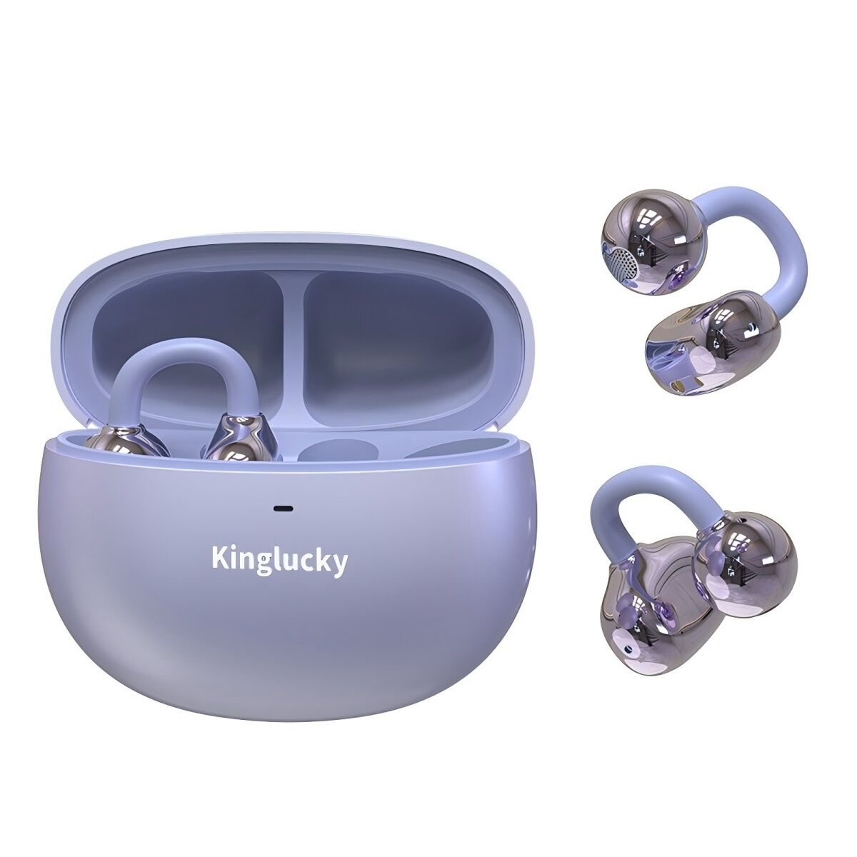 Un astuccio di ricarica per auricolari Kinglucky lilla con due auricolari e due auricolari staccati.