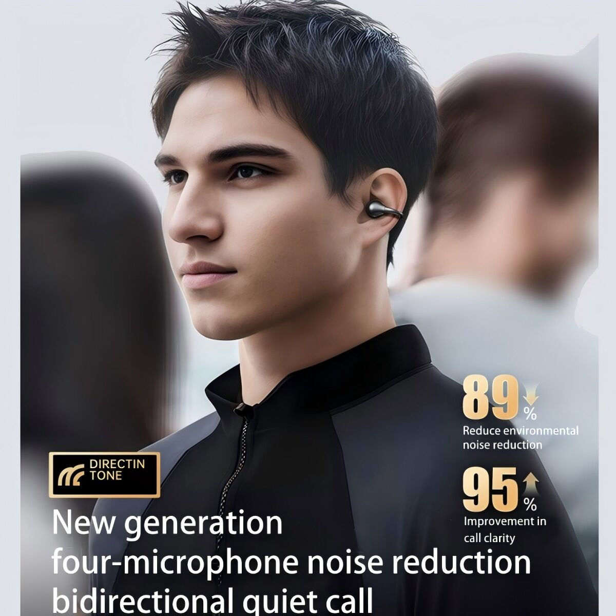 Un uomo con auricolari in primo piano. Testo sulla riduzione del rumore e sulla chiarezza delle chiamate a destra. Lo sfondo include figure sfocate.